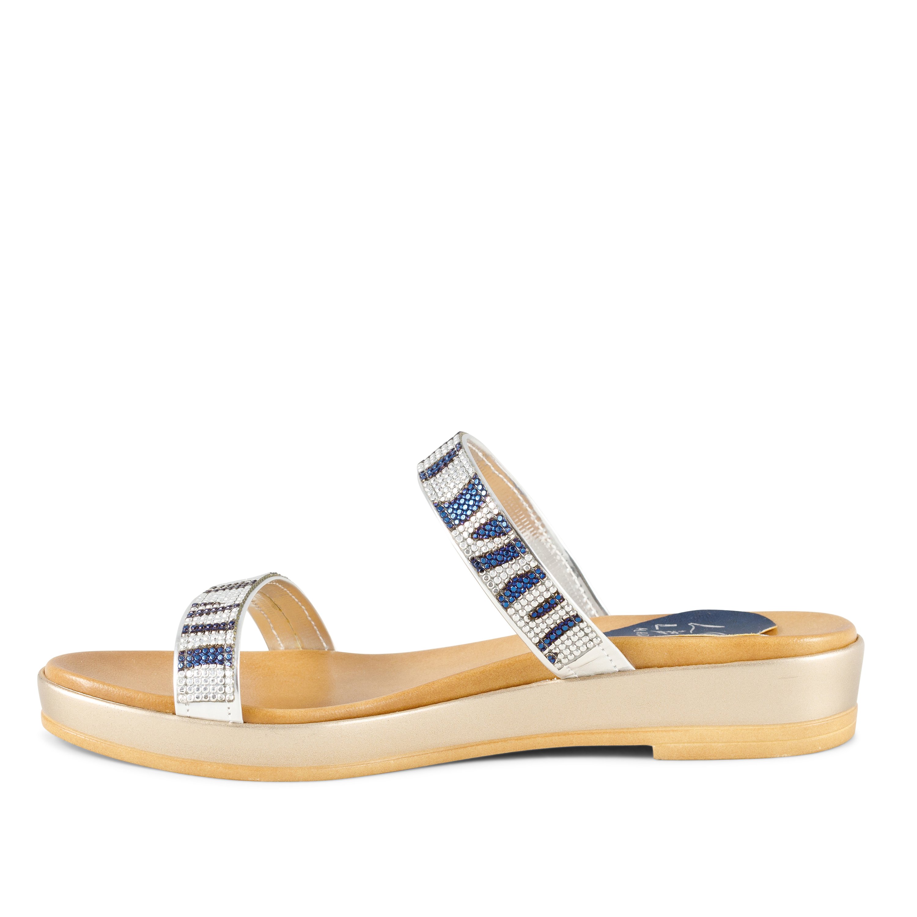 A pair of stylish Untamed sandals featuring a bold zebra print design in black and blue, showcasing rhinestone accents and a comfortable low wedge.