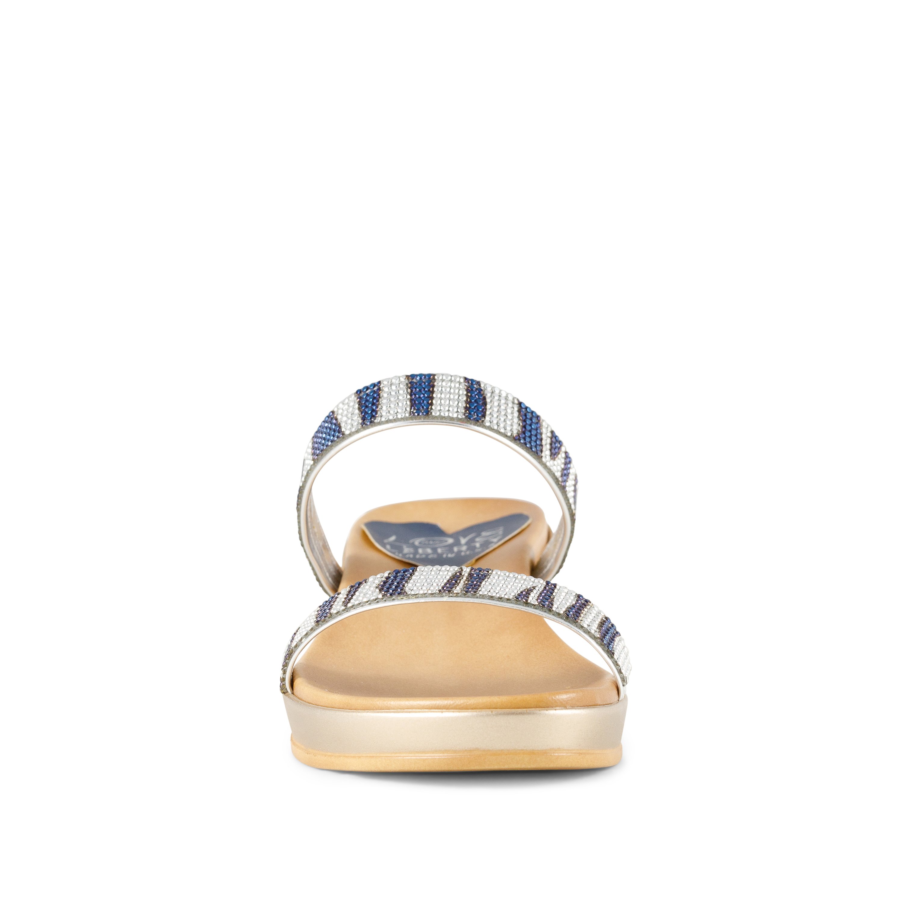 A pair of stylish Untamed sandals featuring a bold zebra print design in black and blue, showcasing rhinestone accents and a comfortable low wedge.