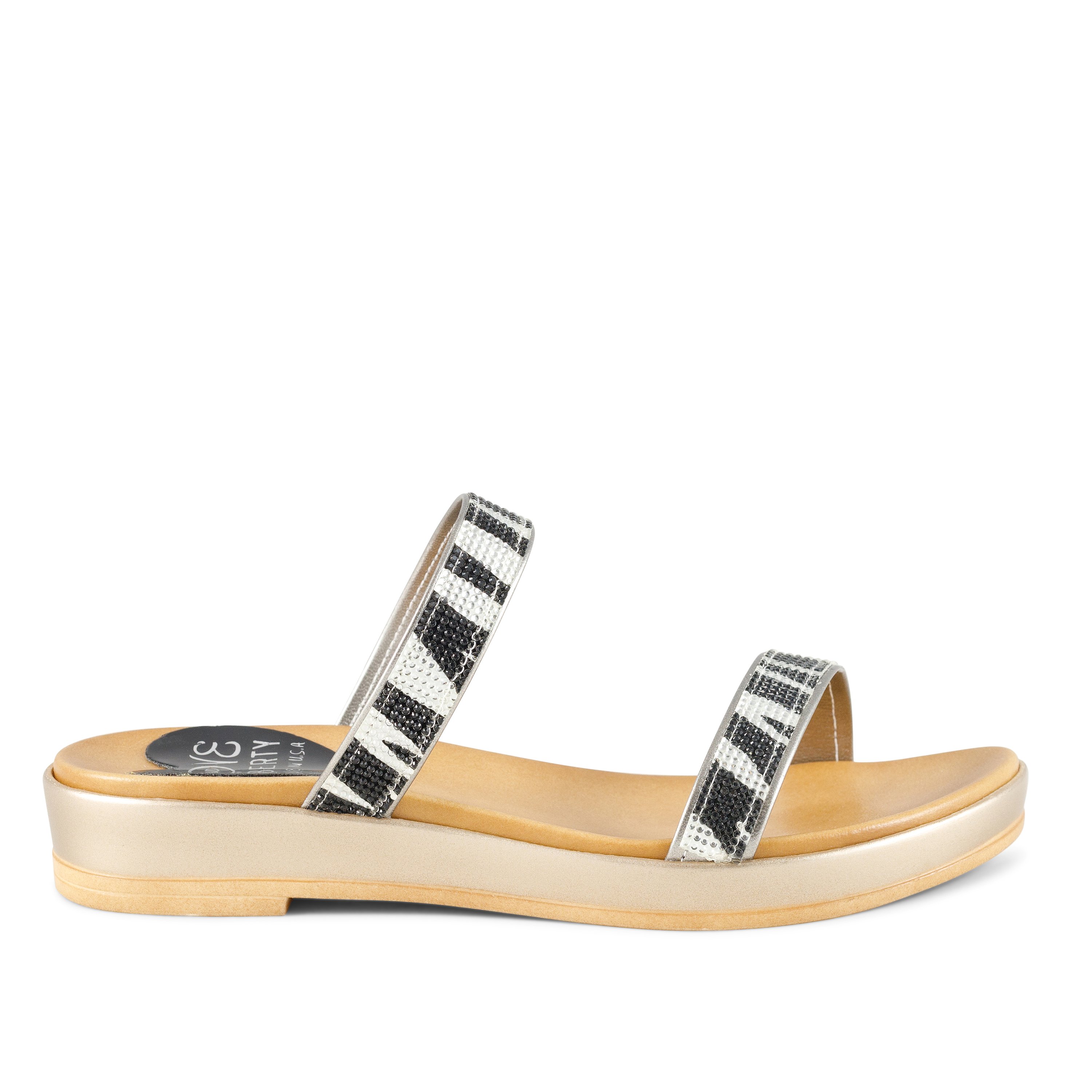 A pair of stylish Untamed sandals featuring a bold zebra print design in black and blue, showcasing rhinestone accents and a comfortable low wedge.