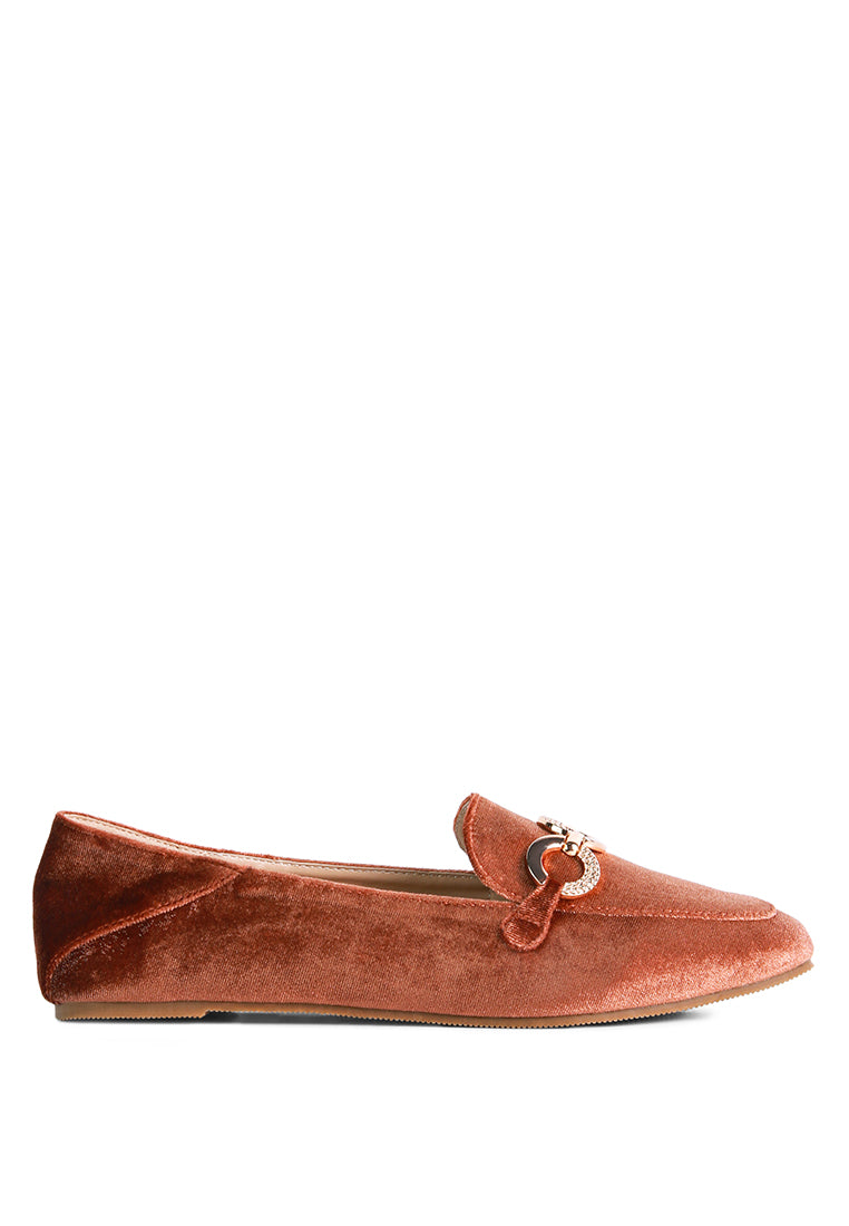 Stylish Velvet Metal Show Detail Loafers featuring a metal buckle, almond toe design, and a luxurious velvet upper.