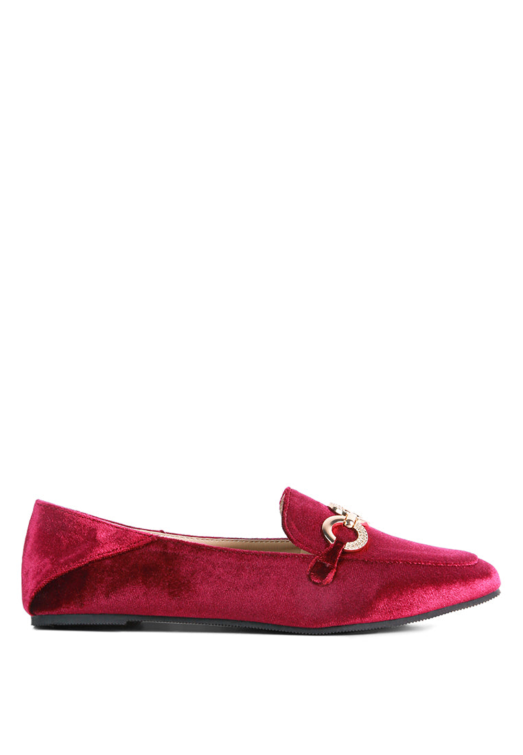 Stylish Velvet Metal Show Detail Loafers featuring a metal buckle, almond toe design, and a luxurious velvet upper.