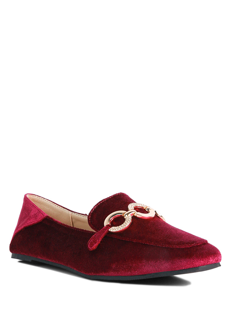 Stylish Velvet Metal Show Detail Loafers featuring a metal buckle, almond toe design, and a luxurious velvet upper.