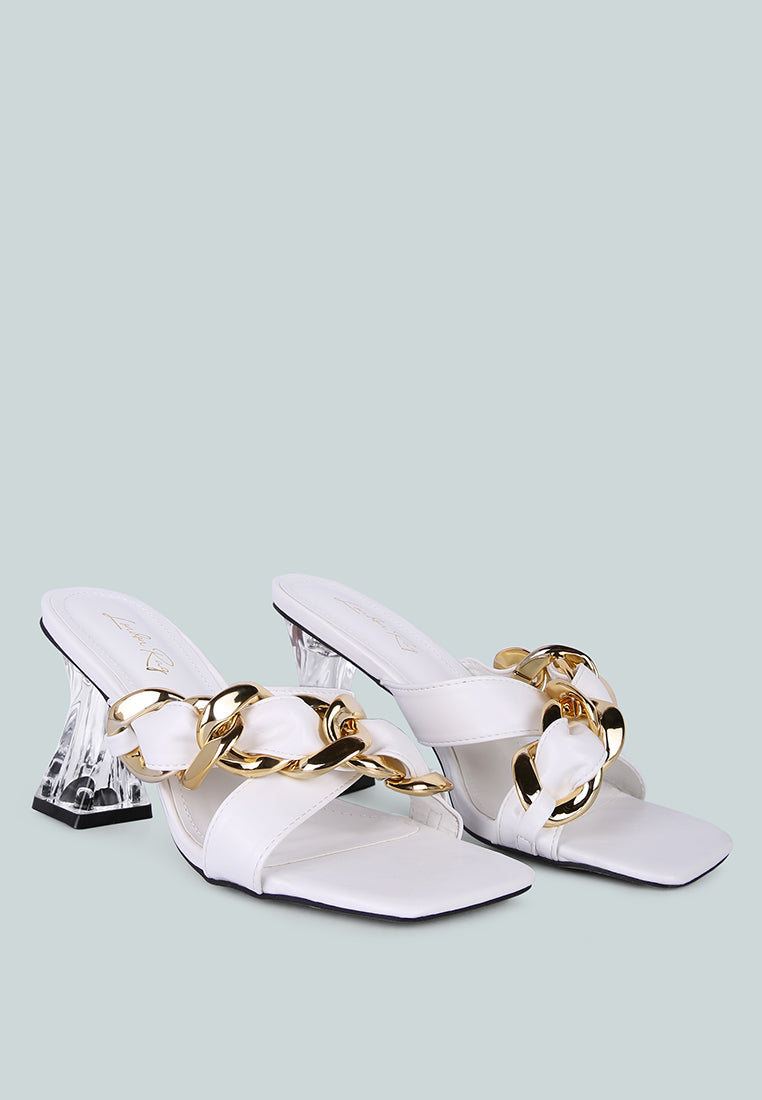 Wandy Link Chain Embellished Sandals featuring chunky chain detail and twist texture spool heels, perfect for weddings.