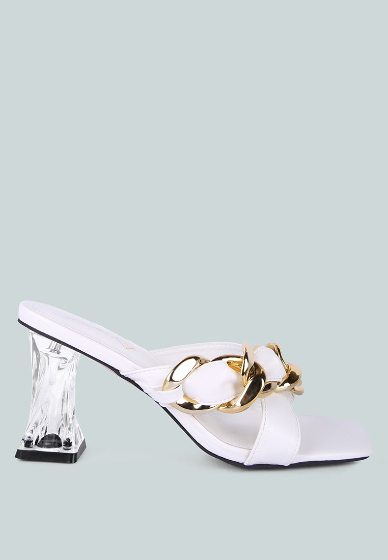 Wandy Link Chain Embellished Sandals featuring chunky chain detail and twist texture spool heels, perfect for weddings.