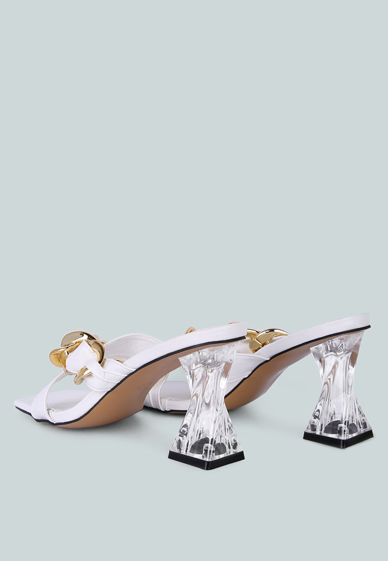 Wandy Link Chain Embellished Sandals featuring chunky chain detail and twist texture spool heels, perfect for weddings.