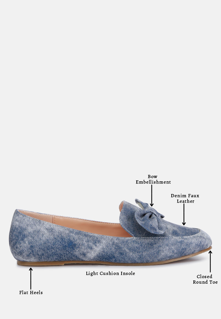 Waveney Bow Embellished Loafers featuring denim faux leather, bow detail, and light cushion insoles for comfort.