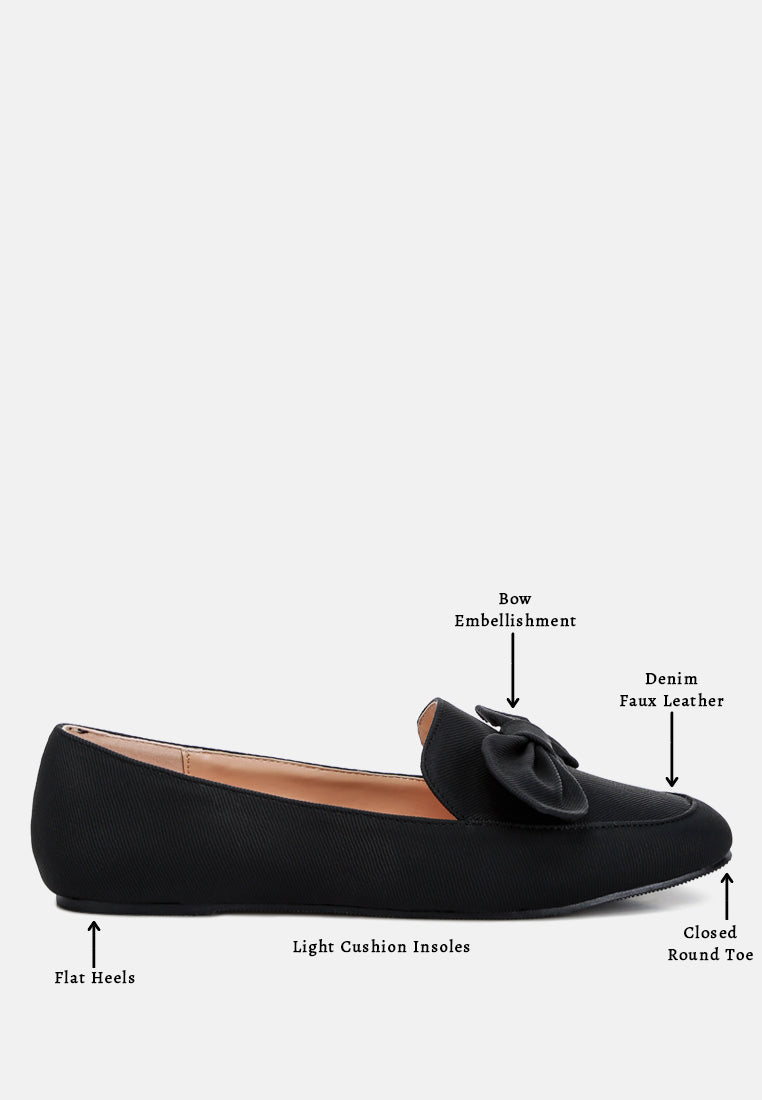 Waveney Bow Embellished Loafers featuring denim faux leather, bow detail, and light cushion insoles for comfort.