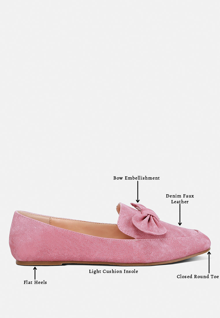 Waveney Bow Embellished Loafers featuring denim faux leather, bow detail, and light cushion insoles for comfort.