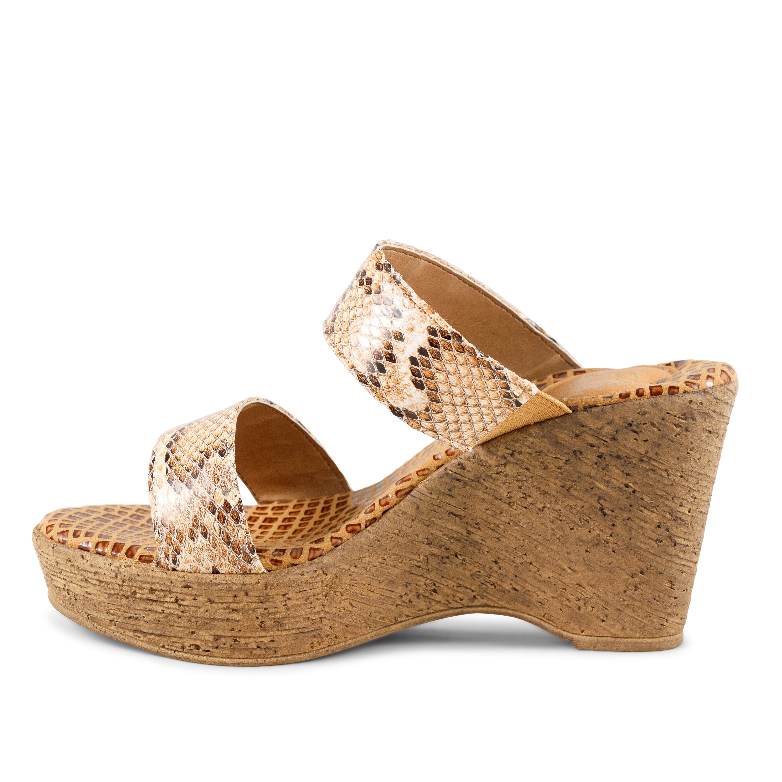 Stylish Wild Life wedges featuring a double banded design and snake-print leather upper, perfect for adding flair to any outfit.