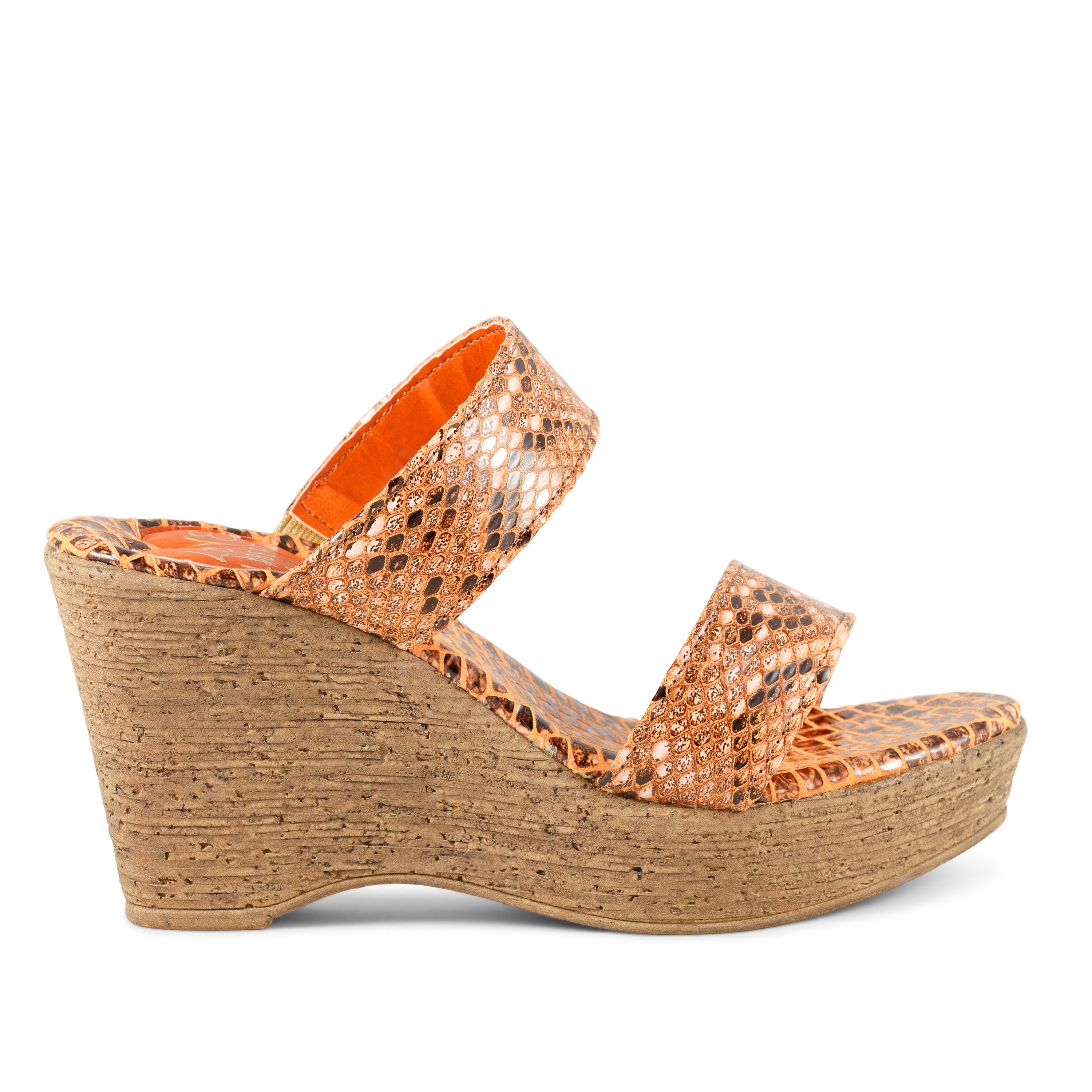 Stylish Wild Life wedges featuring a double banded design and snake-print leather upper, perfect for adding flair to any outfit.