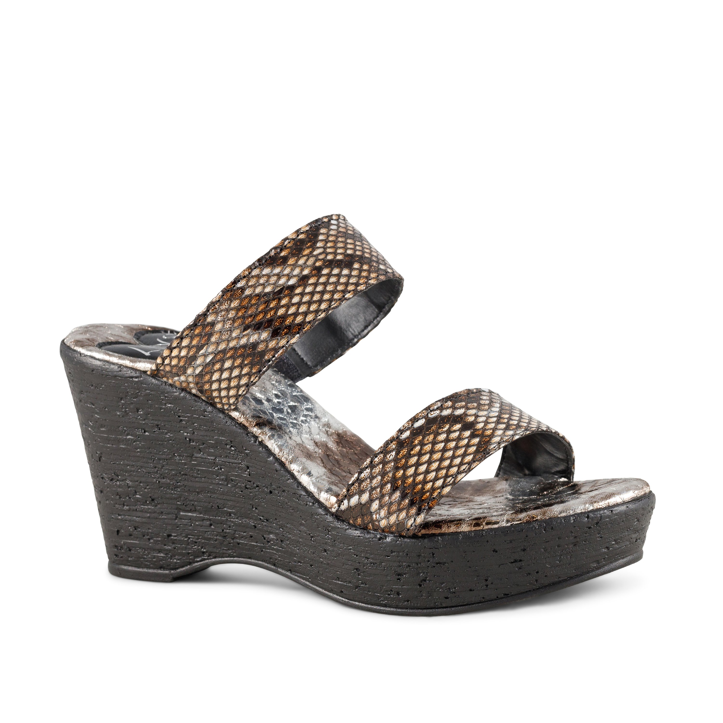 Stylish Wild Life wedges featuring a double banded design and snake-print leather upper, perfect for adding flair to any outfit.