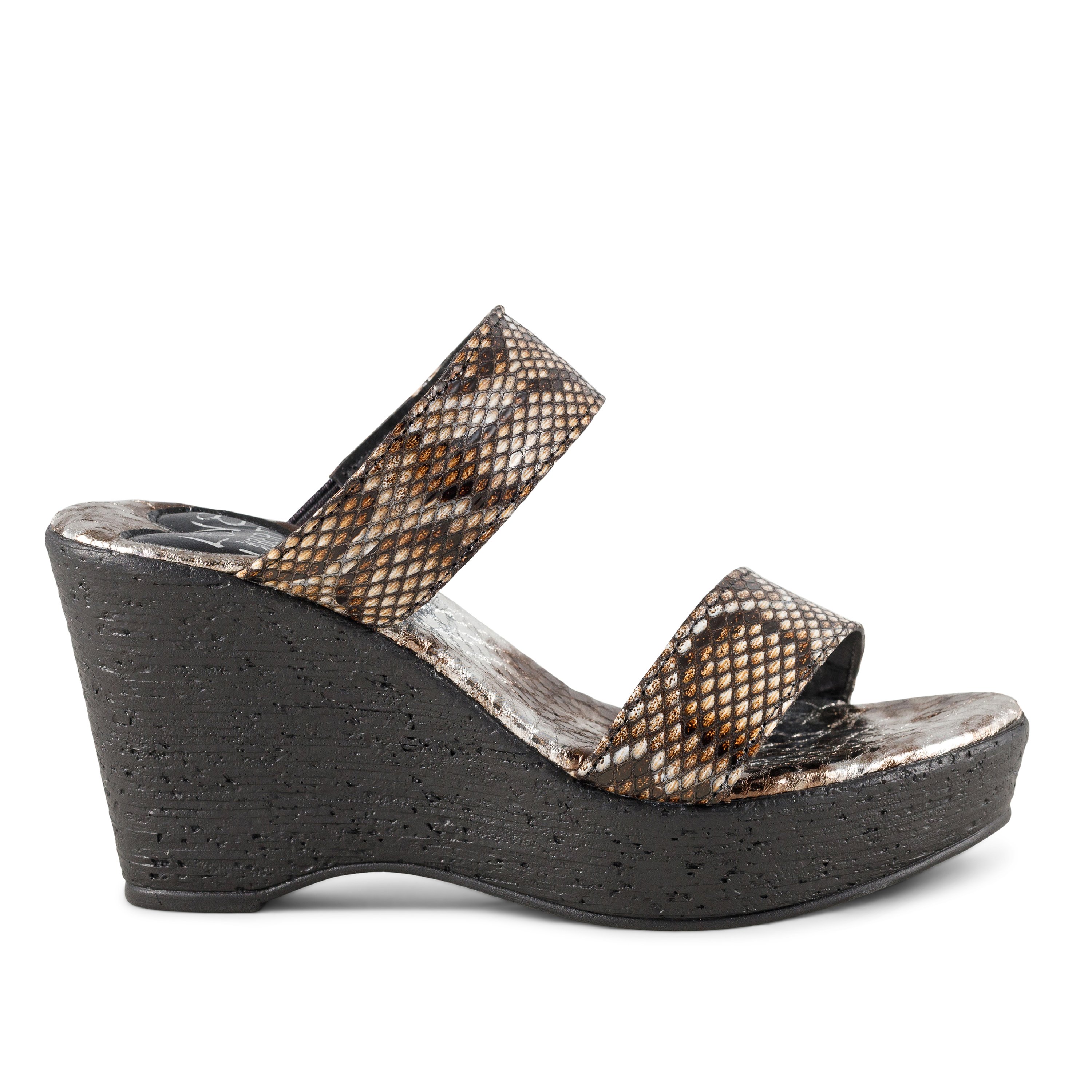 Stylish Wild Life wedges featuring a double banded design and snake-print leather upper, perfect for adding flair to any outfit.