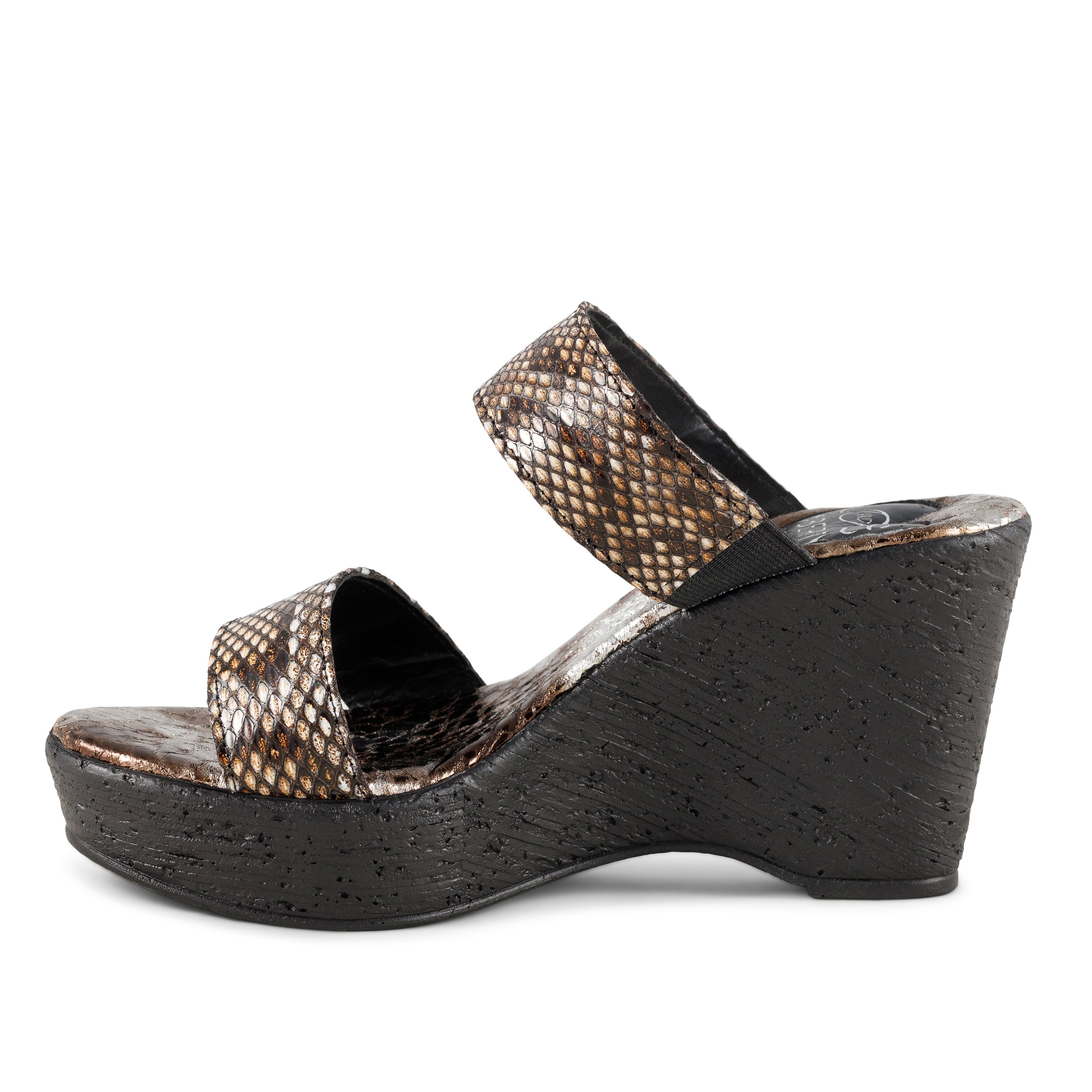 Stylish Wild Life wedges featuring a double banded design and snake-print leather upper, perfect for adding flair to any outfit.