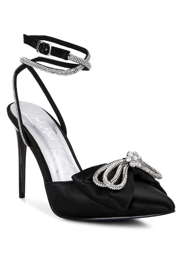 Elegant Winged High Heel Rhinestone Embellished Sandals featuring satin material, diamante jewel bow, and high stiletto heel.