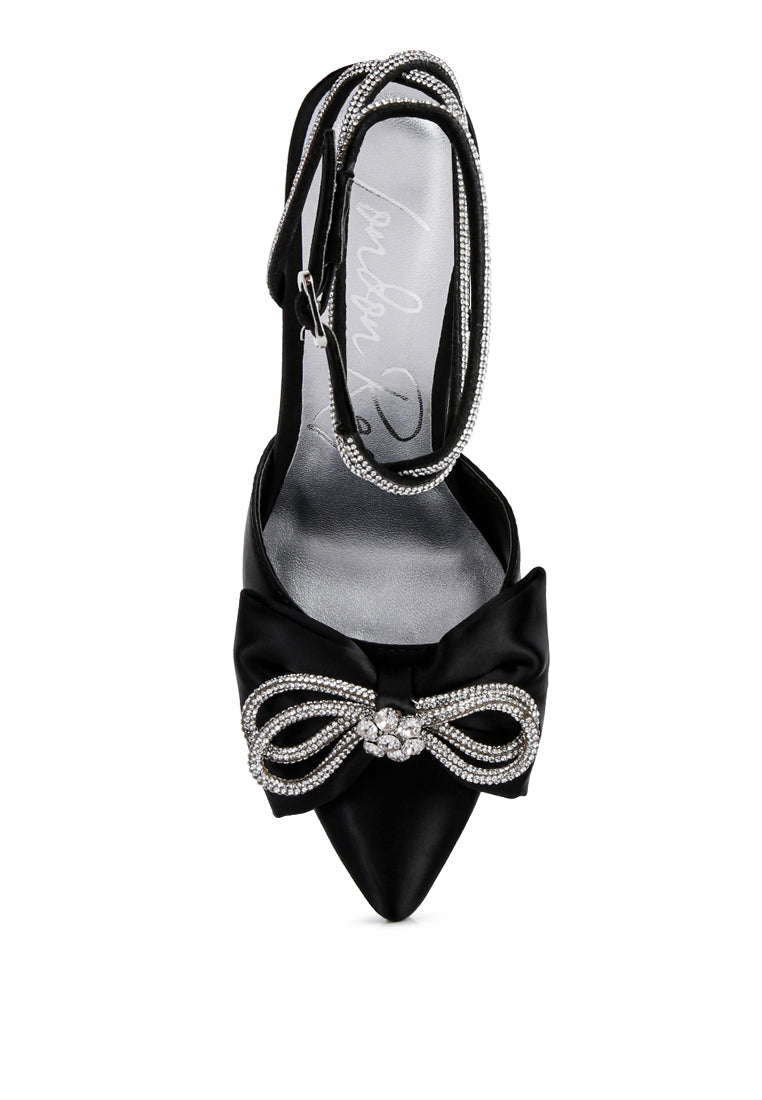 Elegant Winged High Heel Rhinestone Embellished Sandals featuring satin material, diamante jewel bow, and high stiletto heel.