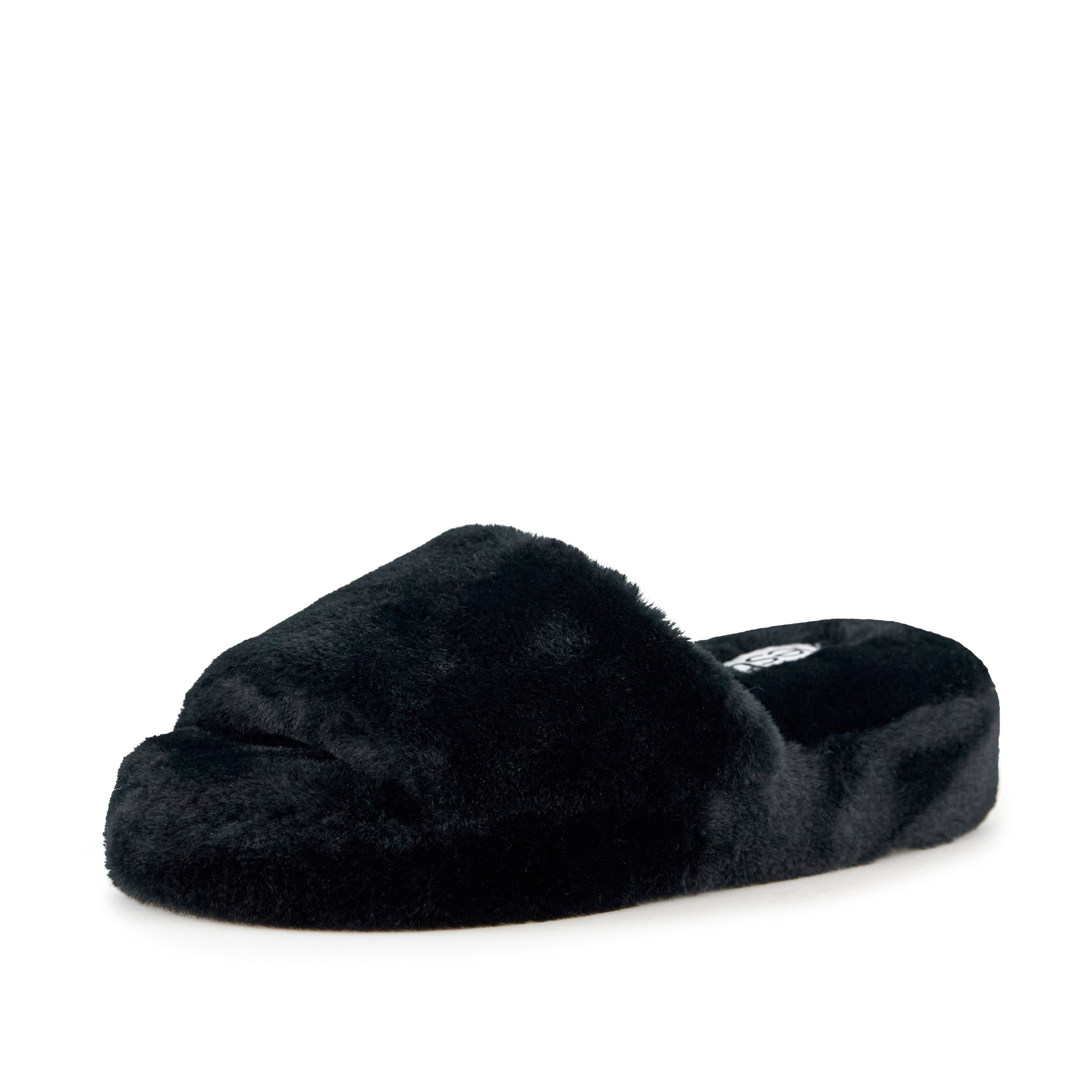 Women's Geneva Faux Fur Slipper in Black, featuring a plush faux fur exterior and cushioned sole for ultimate comfort.