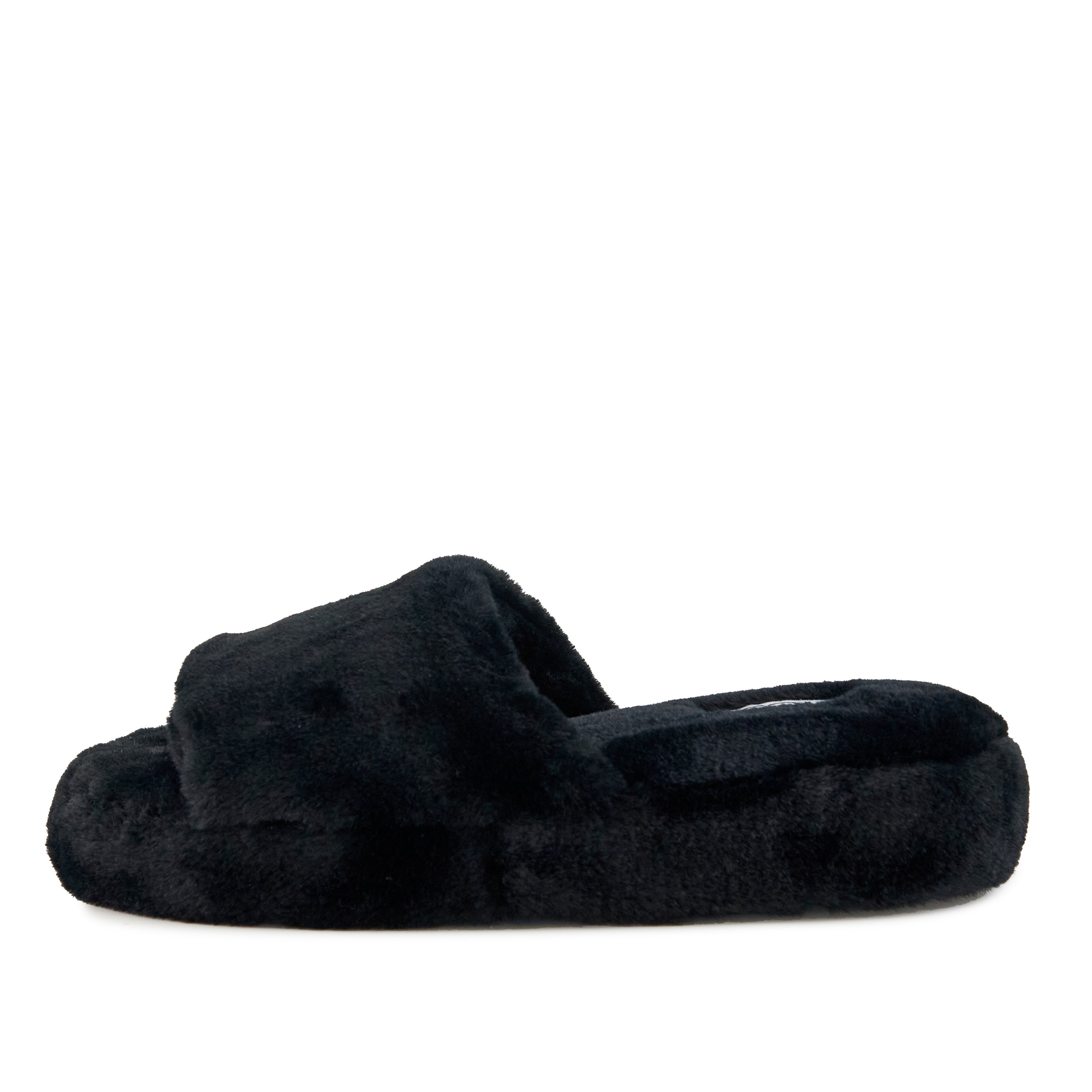 Women's Geneva Faux Fur Slipper in Black, featuring a plush faux fur exterior and cushioned sole for ultimate comfort.