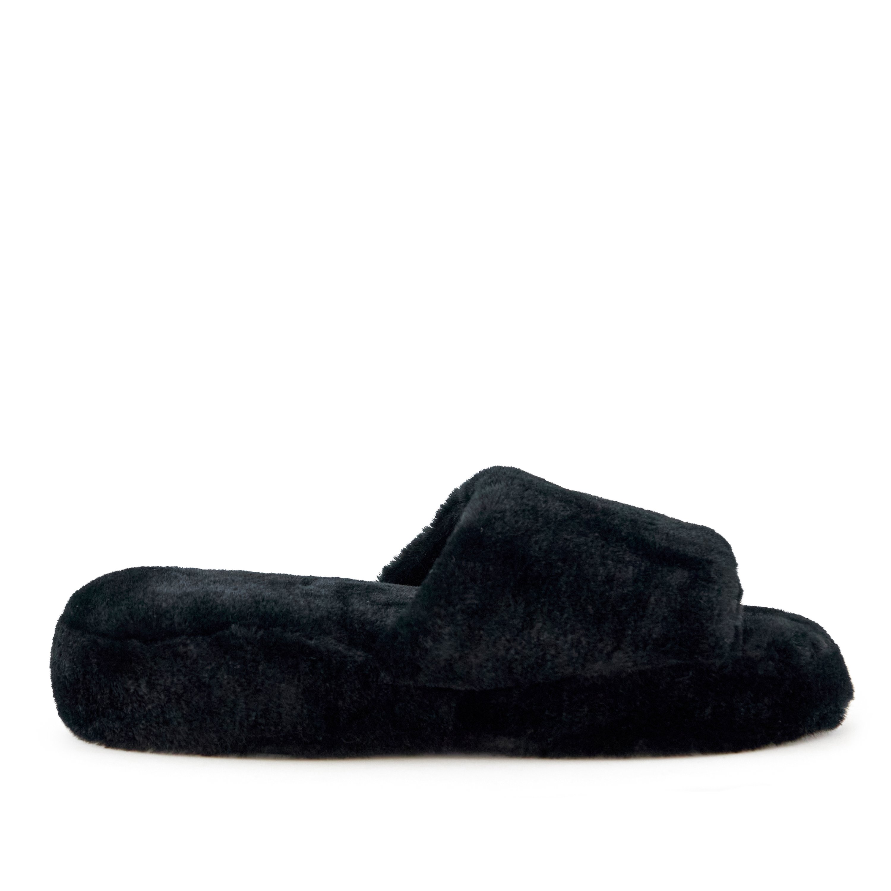 Women's Geneva Faux Fur Slipper in Black, featuring a plush faux fur exterior and cushioned sole for ultimate comfort.