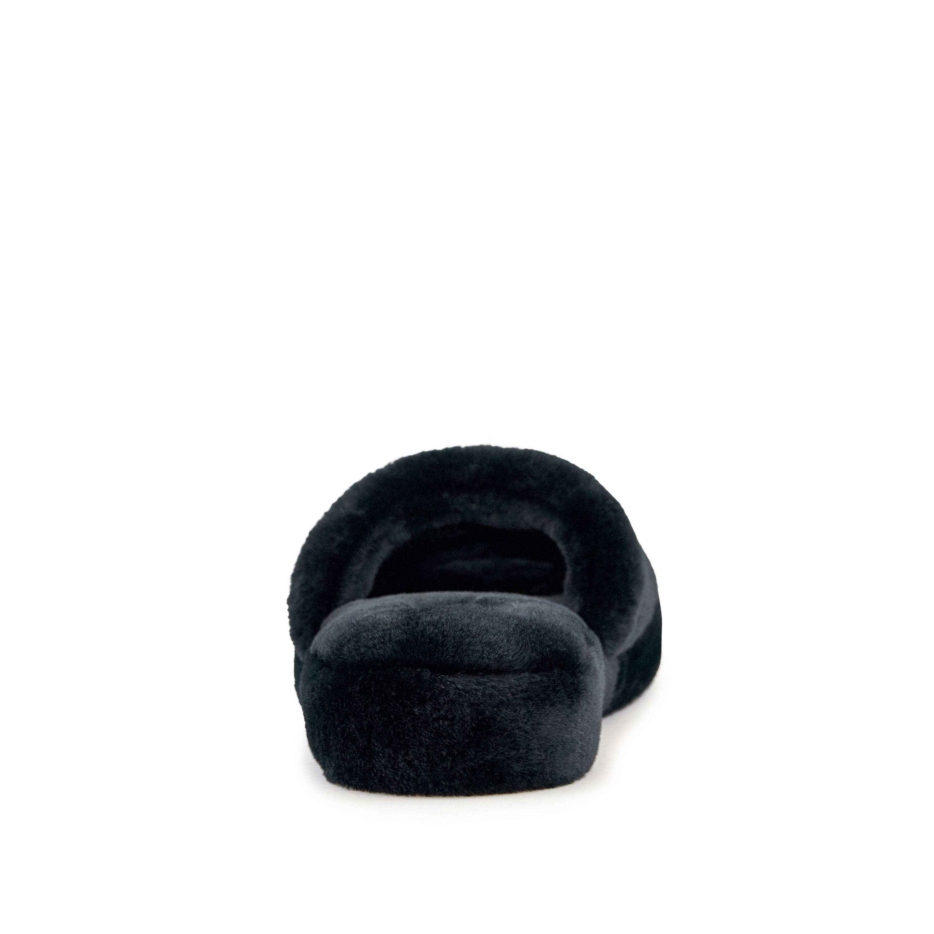 Women's Geneva Faux Fur Slipper in Black, featuring a plush faux fur exterior and cushioned sole for ultimate comfort.