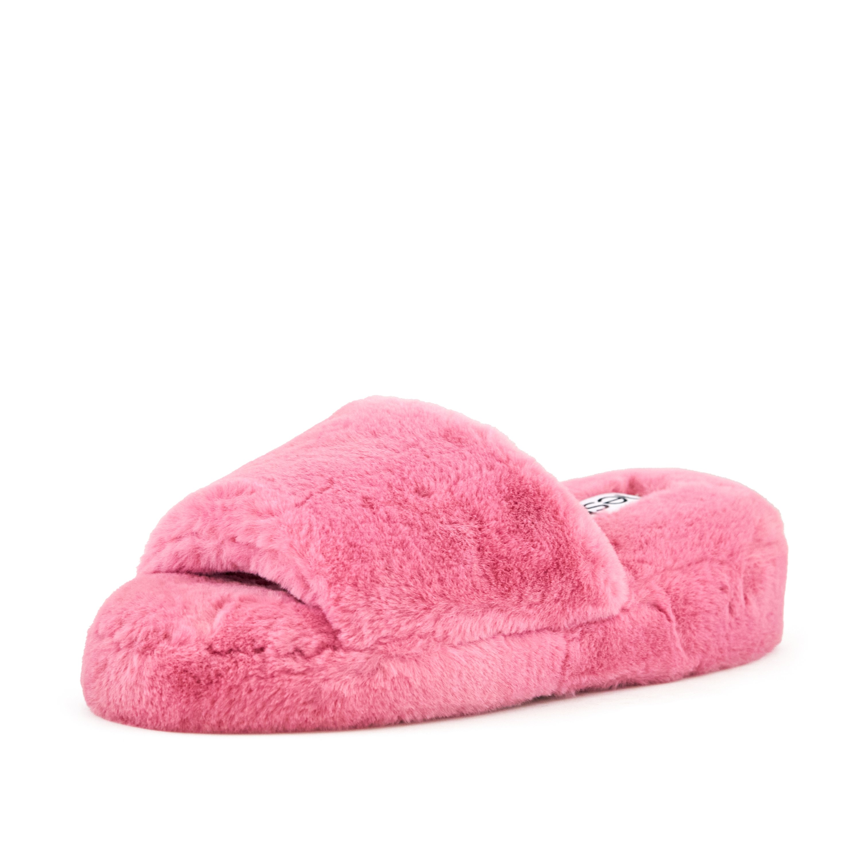 Women's Geneva Faux Fur Slipper in Coral, featuring a plush faux fur exterior and cushioned sole for comfort.