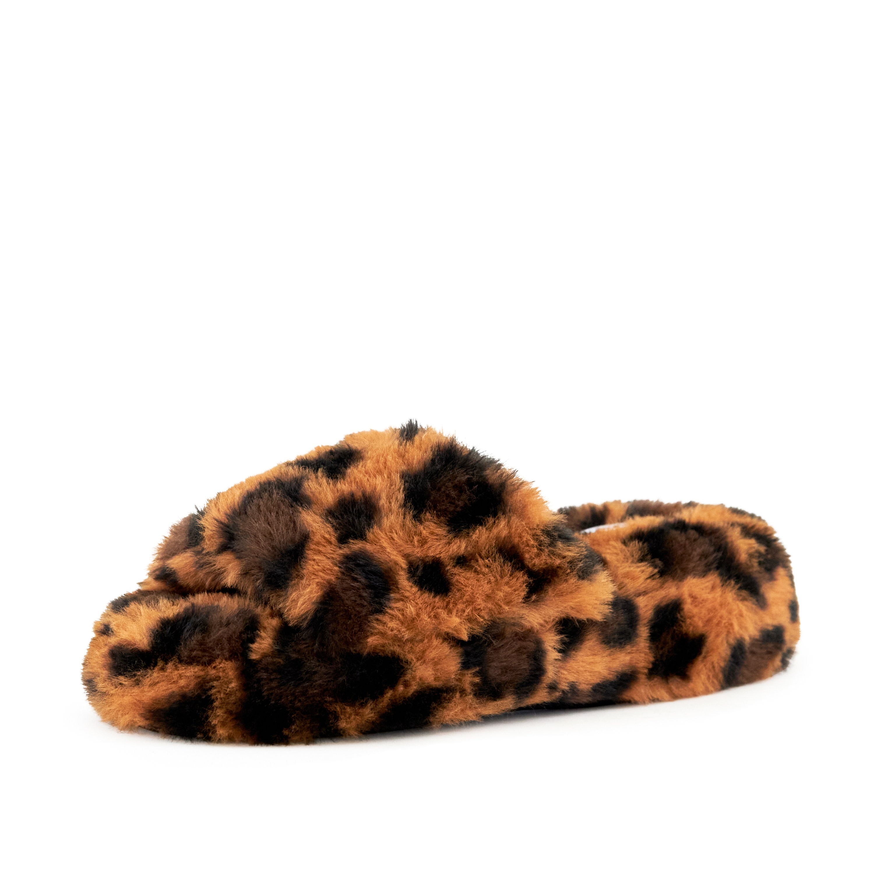 Women's Geneva Faux Fur Slipper in Leopard print, featuring a soft faux fur exterior and cushioned sole for comfort.