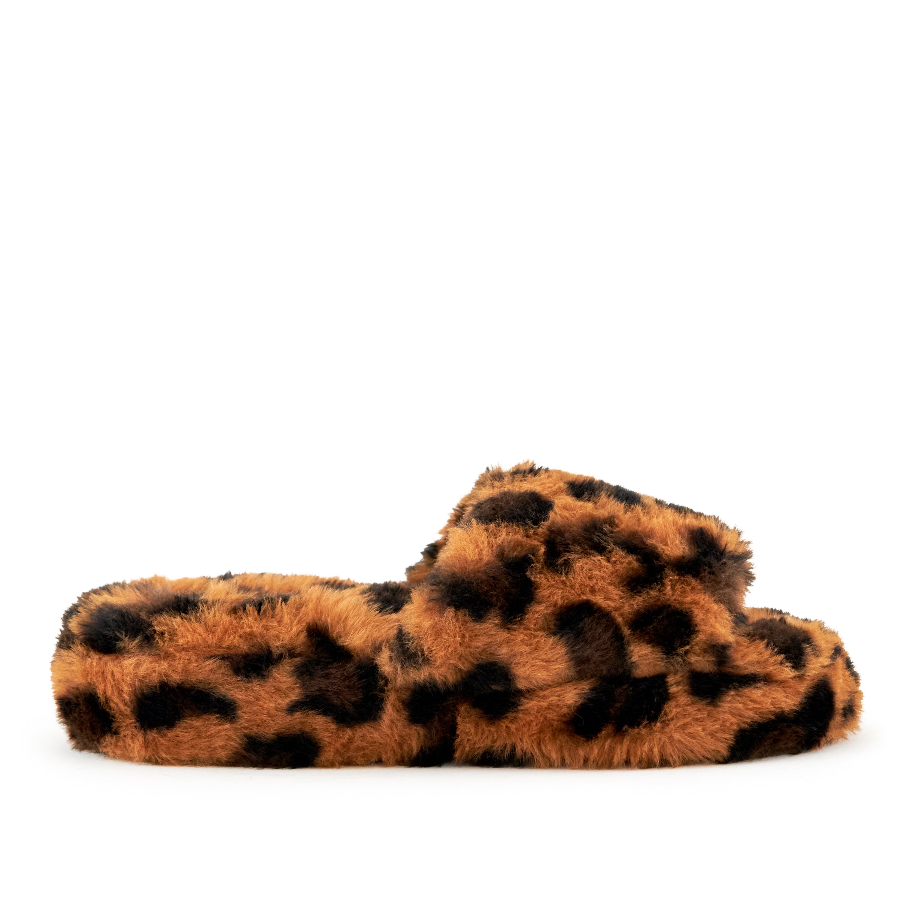 Women's Geneva Faux Fur Slipper in Leopard print, featuring a soft faux fur exterior and cushioned sole for comfort.