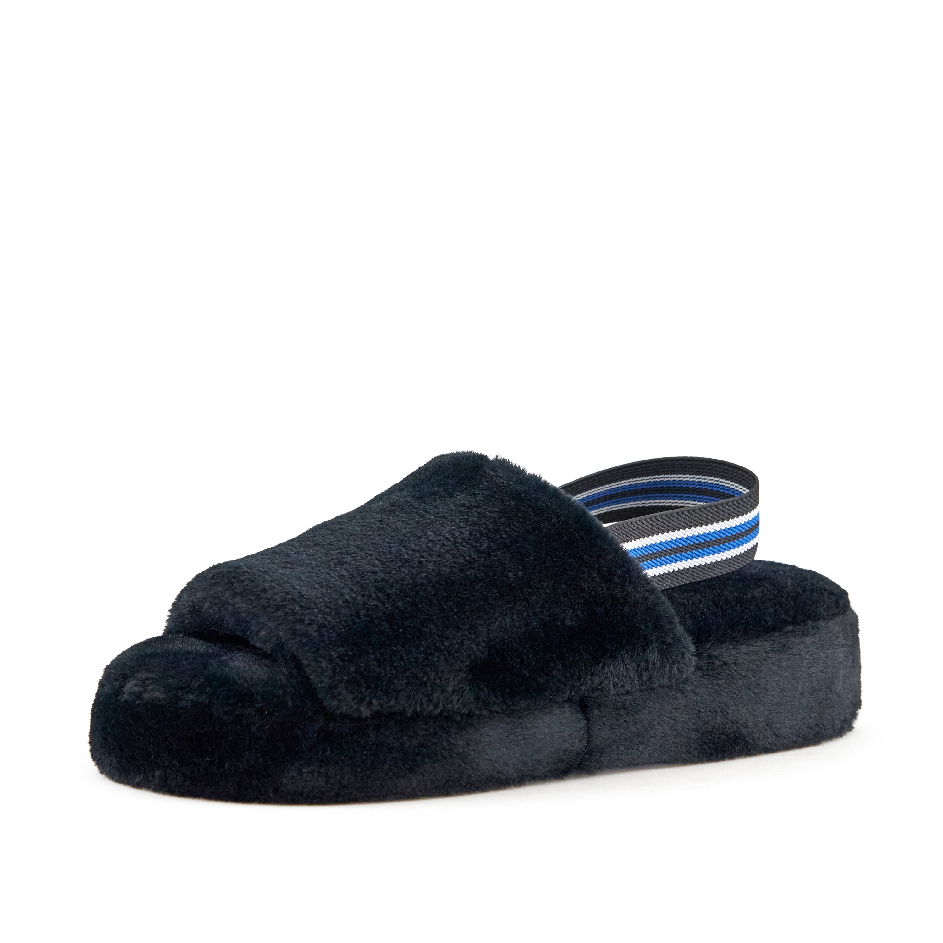 Women's Lisbon Faux Fur Slipper in Black featuring a stylish slingback strap and cushioned sole, perfect for indoor and outdoor wear.