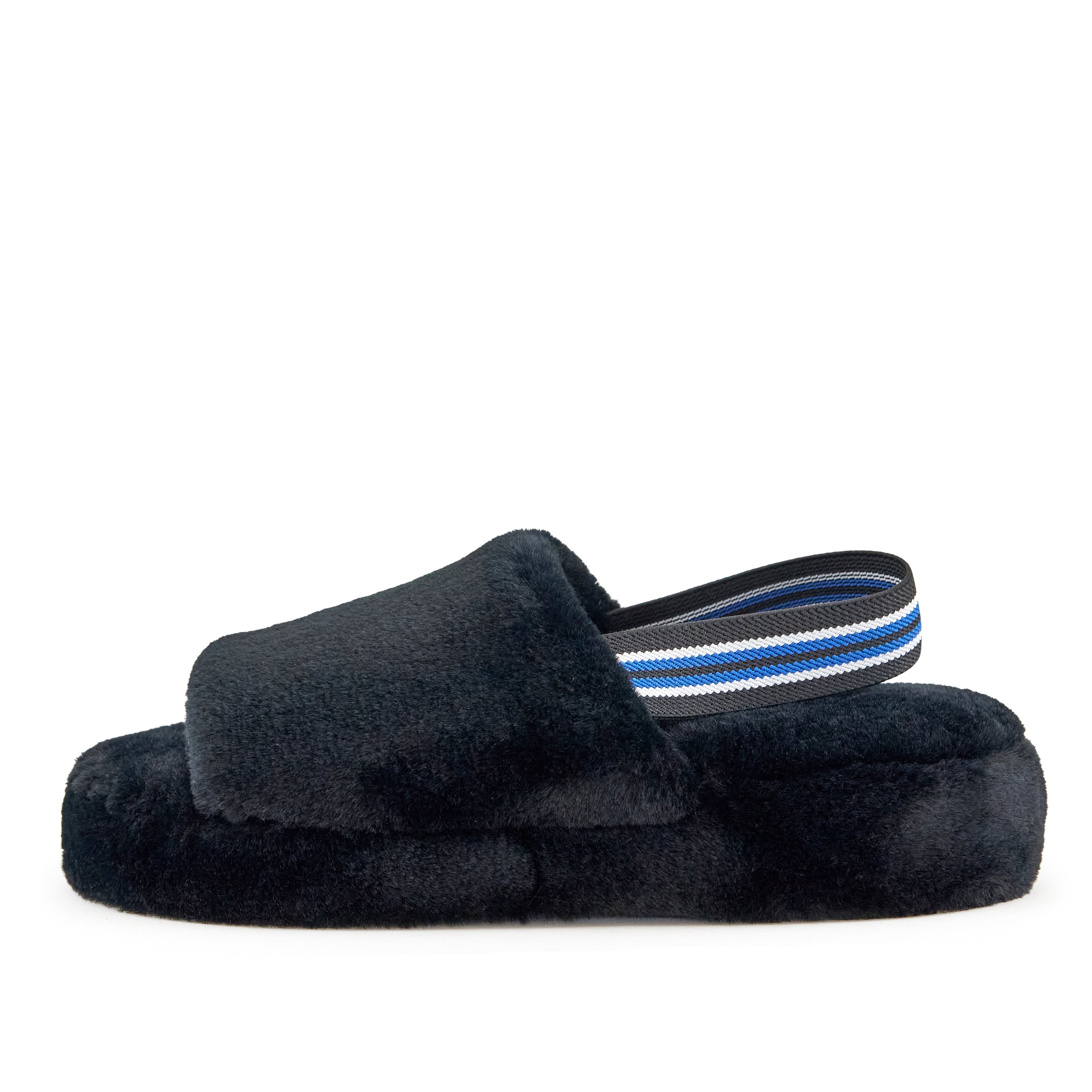 Women's Lisbon Faux Fur Slipper in Black featuring a stylish slingback strap and cushioned sole, perfect for indoor and outdoor wear.