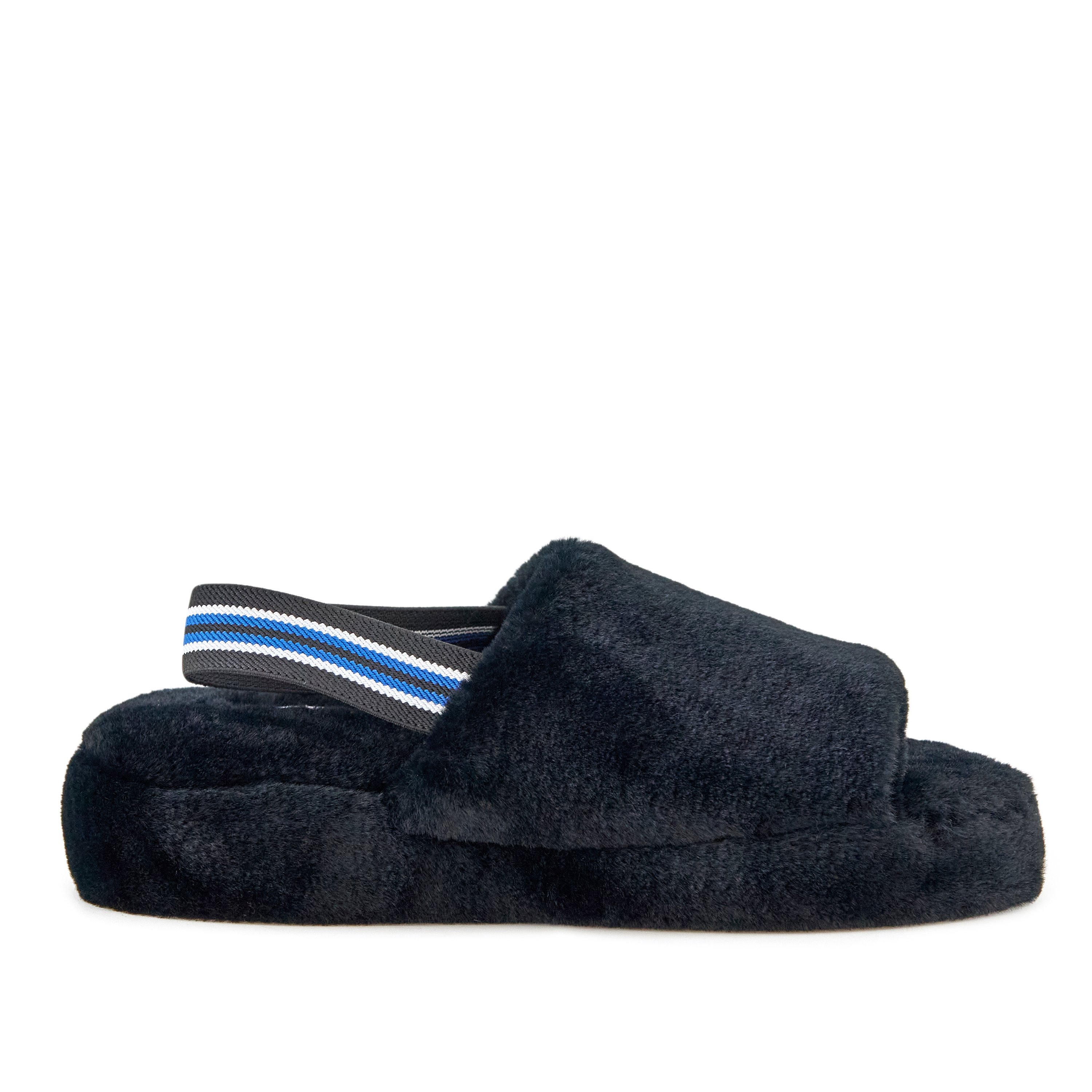 Women's Lisbon Faux Fur Slipper in Black featuring a stylish slingback strap and cushioned sole, perfect for indoor and outdoor wear.