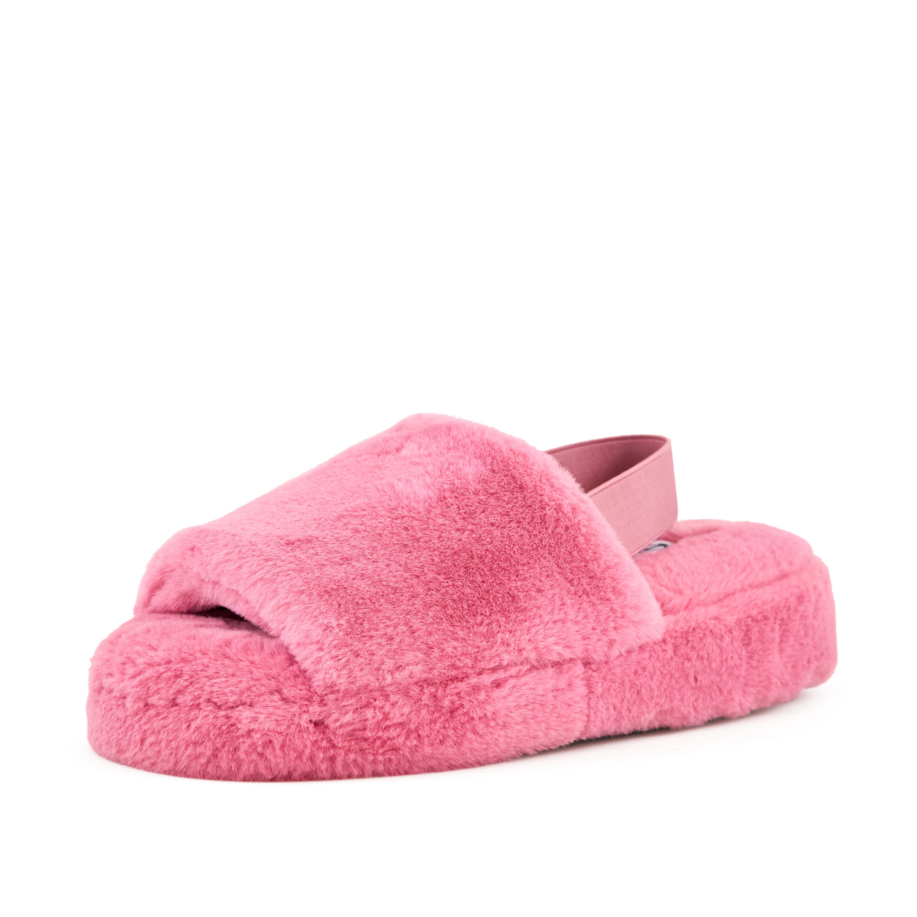 Women's Lisbon Faux Fur Slipper in Coral with patterned slingback strap and cushioned sole, perfect for indoor and outdoor wear.