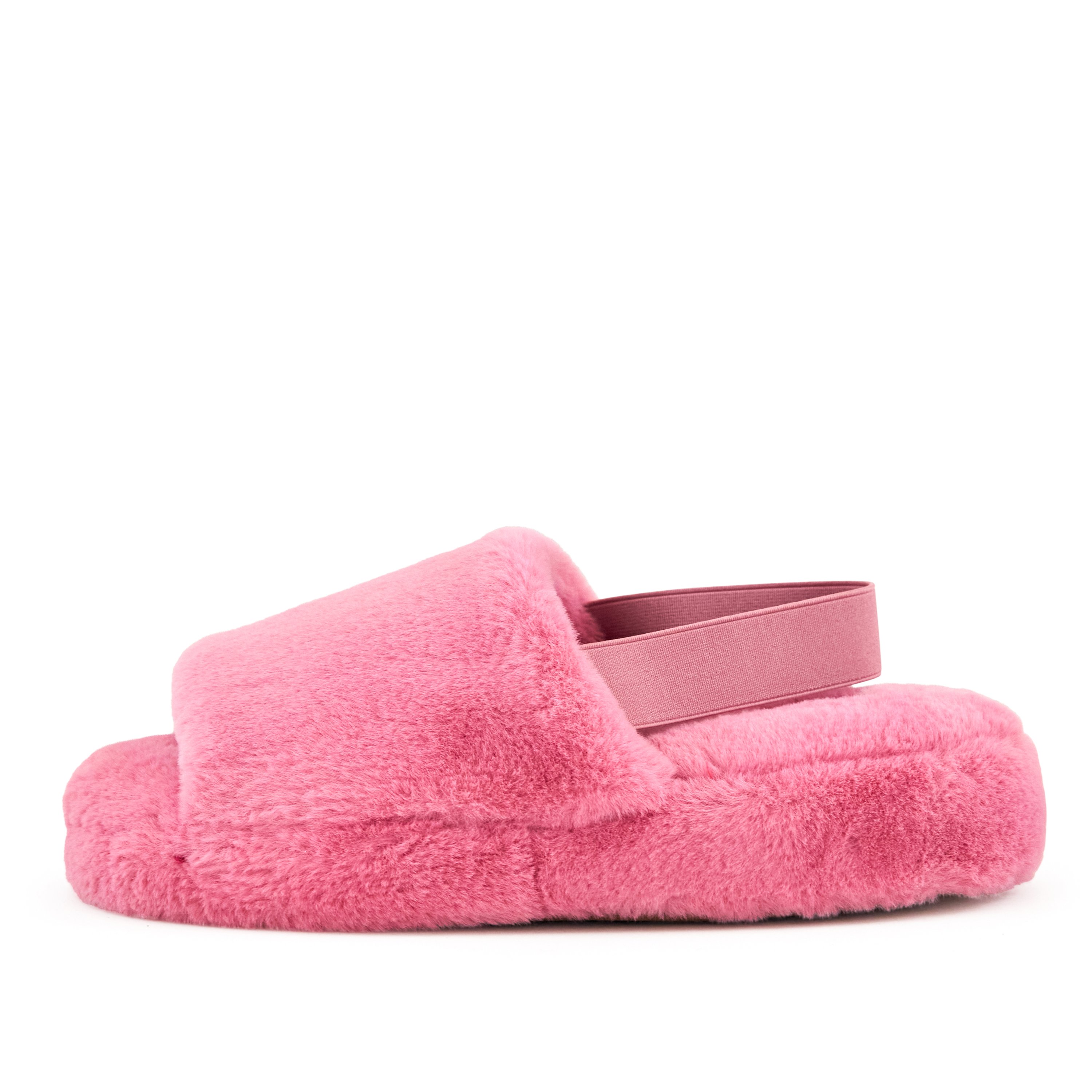 Women's Lisbon Faux Fur Slipper in Coral with patterned slingback strap and cushioned sole, perfect for indoor and outdoor wear.