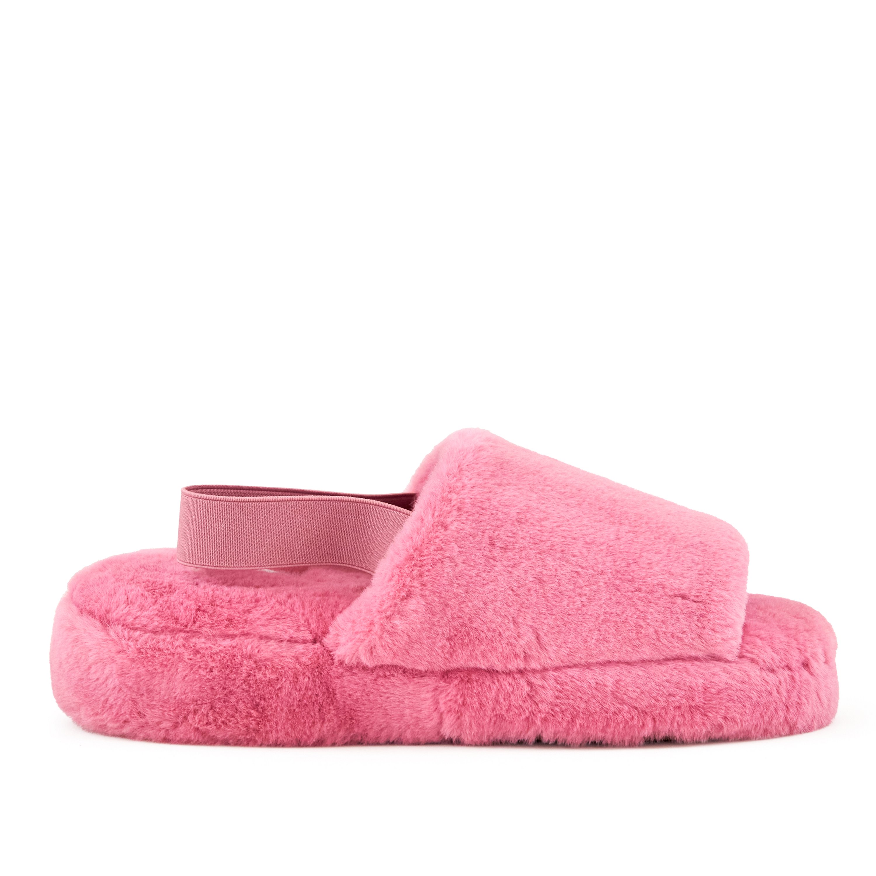 Women's Lisbon Faux Fur Slipper in Coral with patterned slingback strap and cushioned sole, perfect for indoor and outdoor wear.