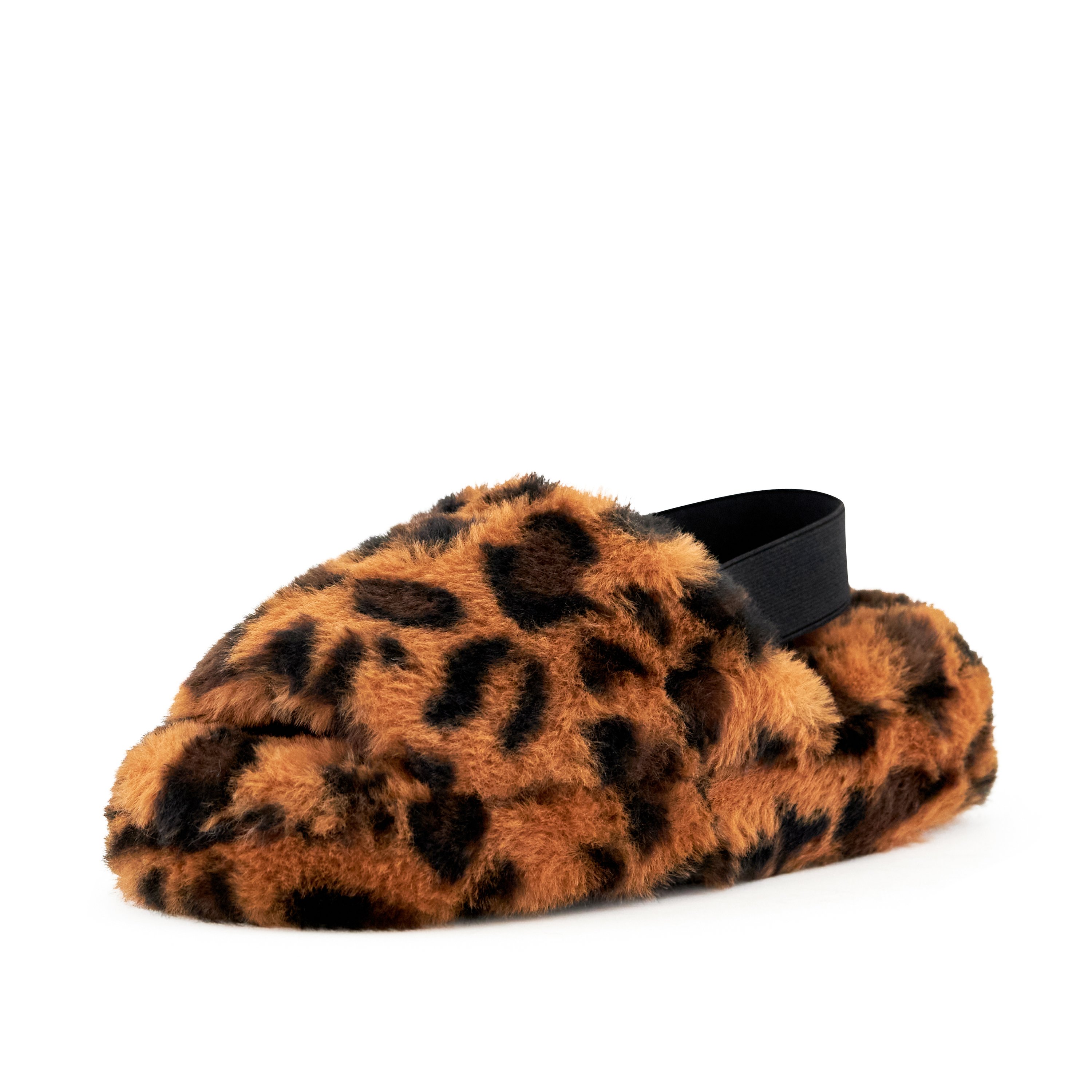 Women's Lisbon Faux Fur Slipper in Leopard with a stylish slingback strap and cushioned sole, perfect for indoor and outdoor wear.