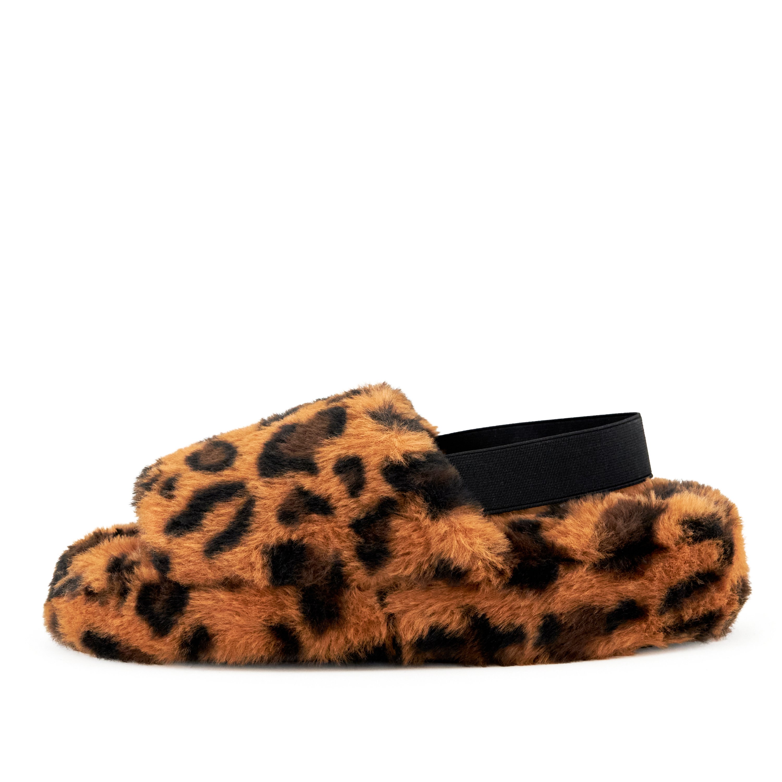 Women's Lisbon Faux Fur Slipper in Leopard with a stylish slingback strap and cushioned sole, perfect for indoor and outdoor wear.