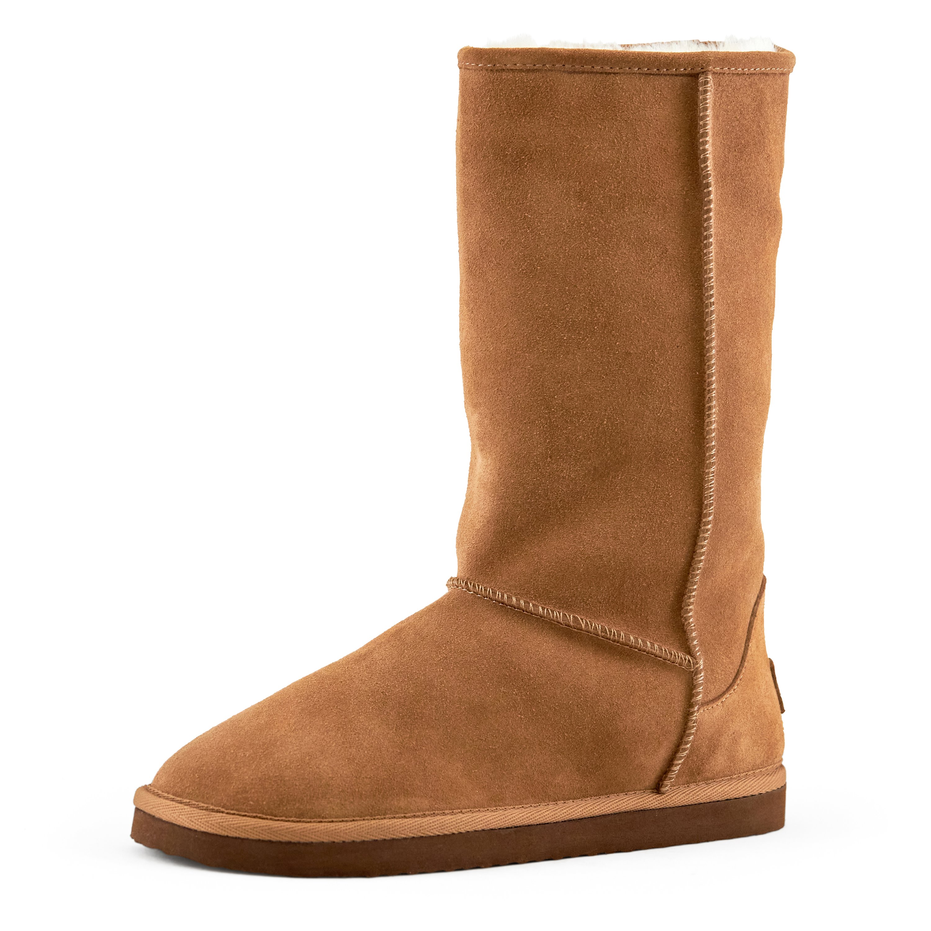 Women's Madison Tall Pull On Boot in Camel with faux fur interior and genuine suede upper, showcasing a stylish round toe design.