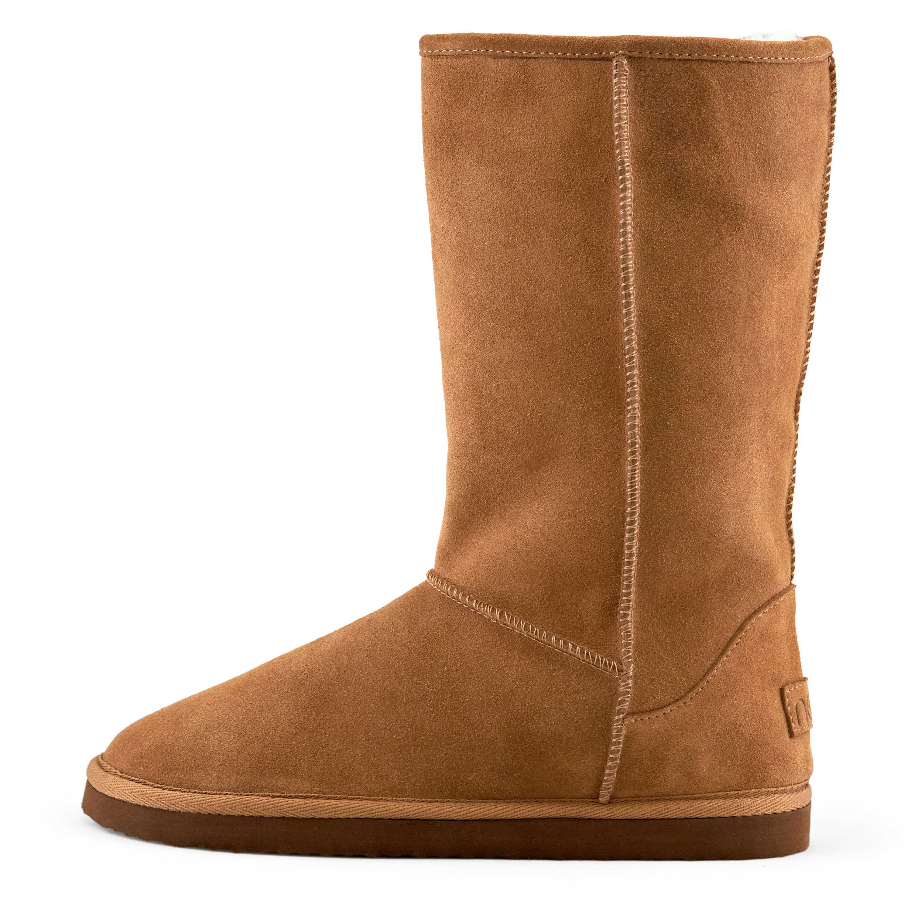 Women's Madison Tall Pull On Boot in Camel with faux fur interior and genuine suede upper, showcasing a stylish round toe design.