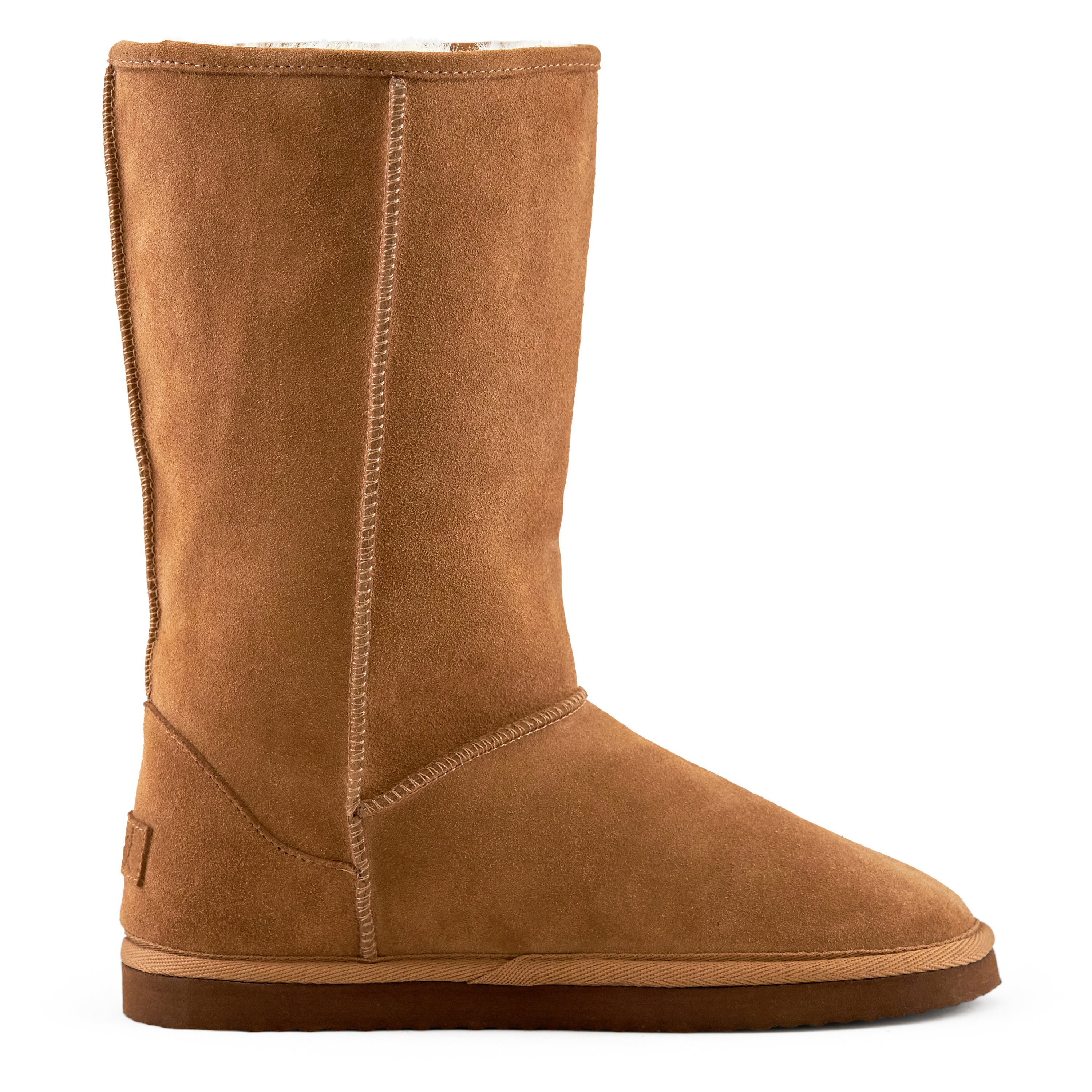 Women's Madison Tall Pull On Boot in Camel with faux fur interior and genuine suede upper, showcasing a stylish round toe design.