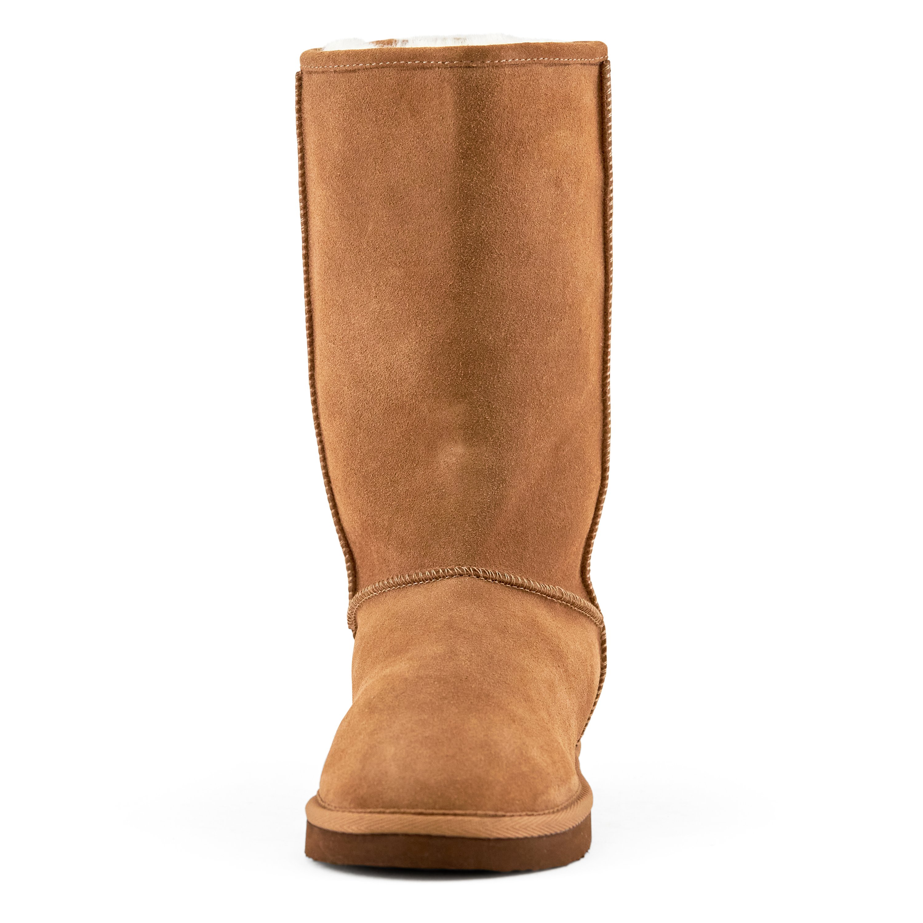 Women's Madison Tall Pull On Boot in Camel with faux fur interior and genuine suede upper, showcasing a stylish round toe design.