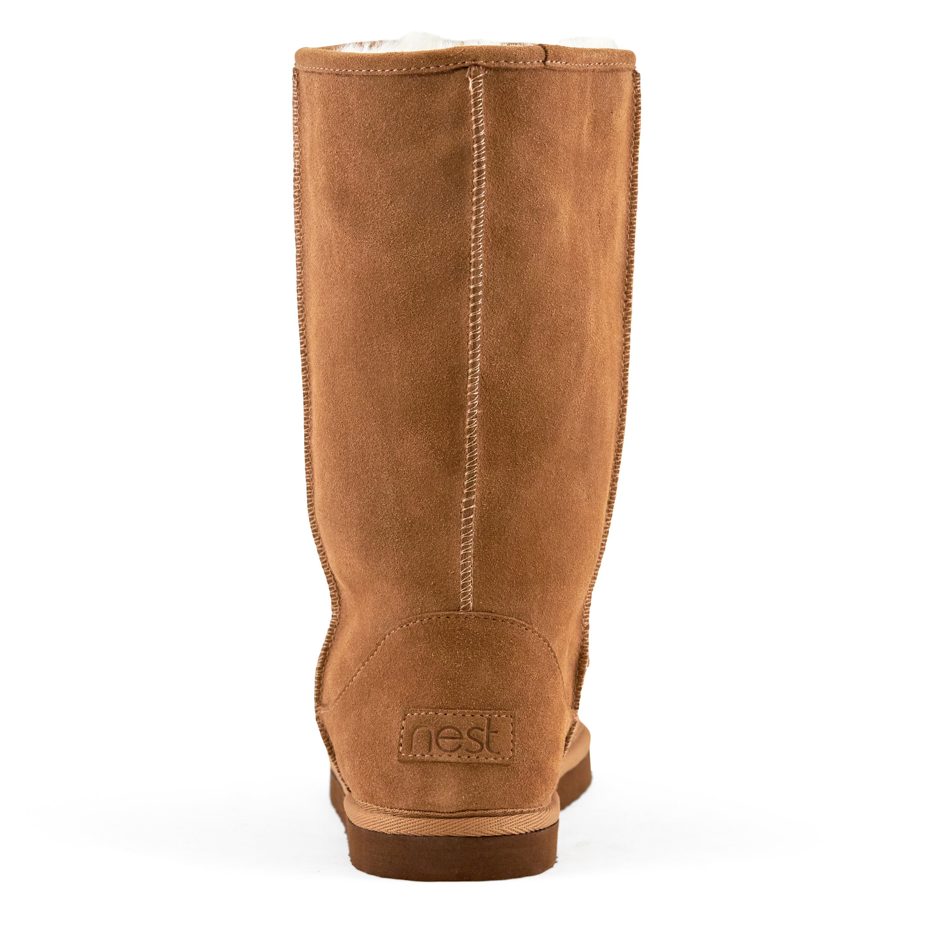 Women's Madison Tall Pull On Boot in Camel with faux fur interior and genuine suede upper, showcasing a stylish round toe design.