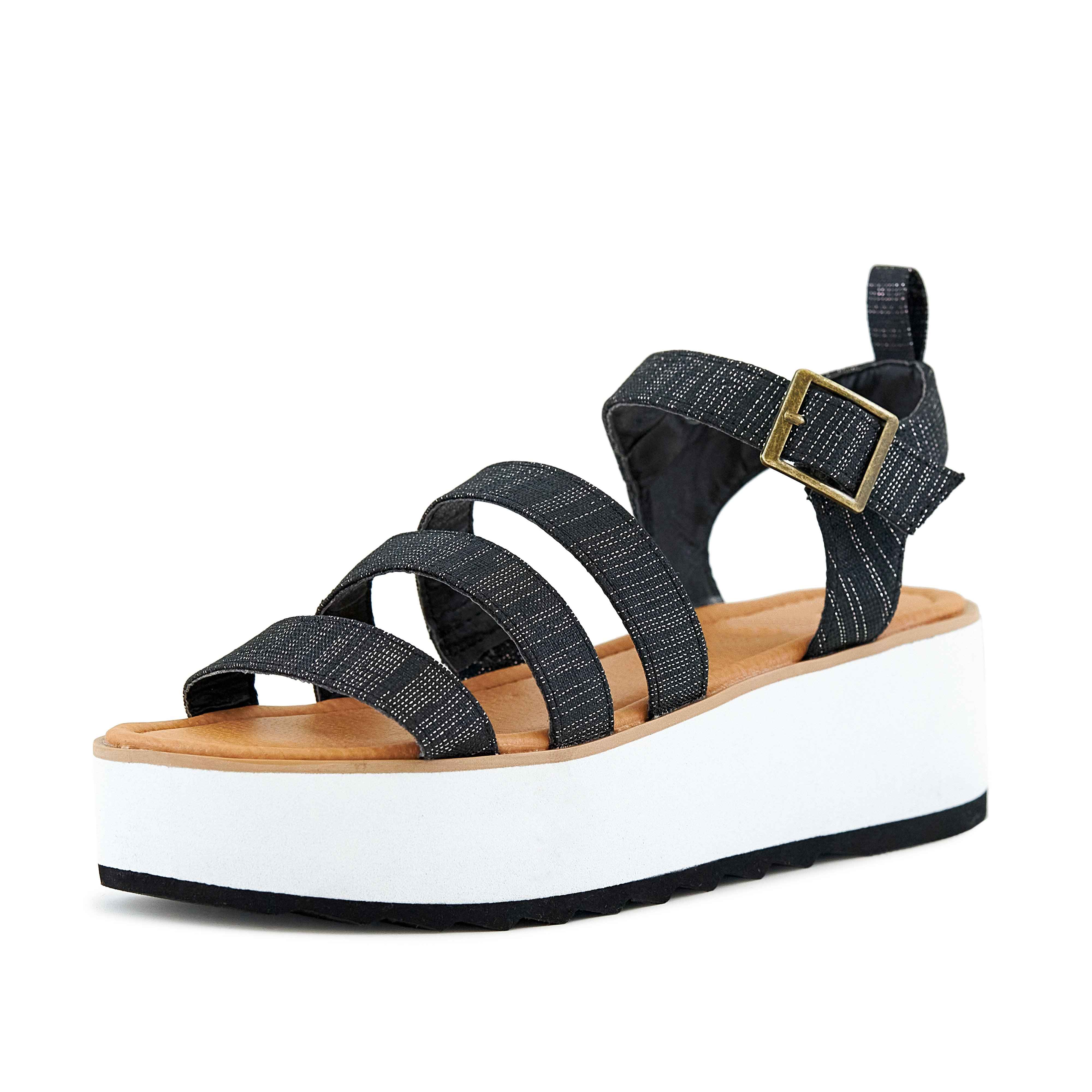 Women's Platform Sandal Kauai Sparkle-Black featuring three stylish straps and adjustable ankle closure.