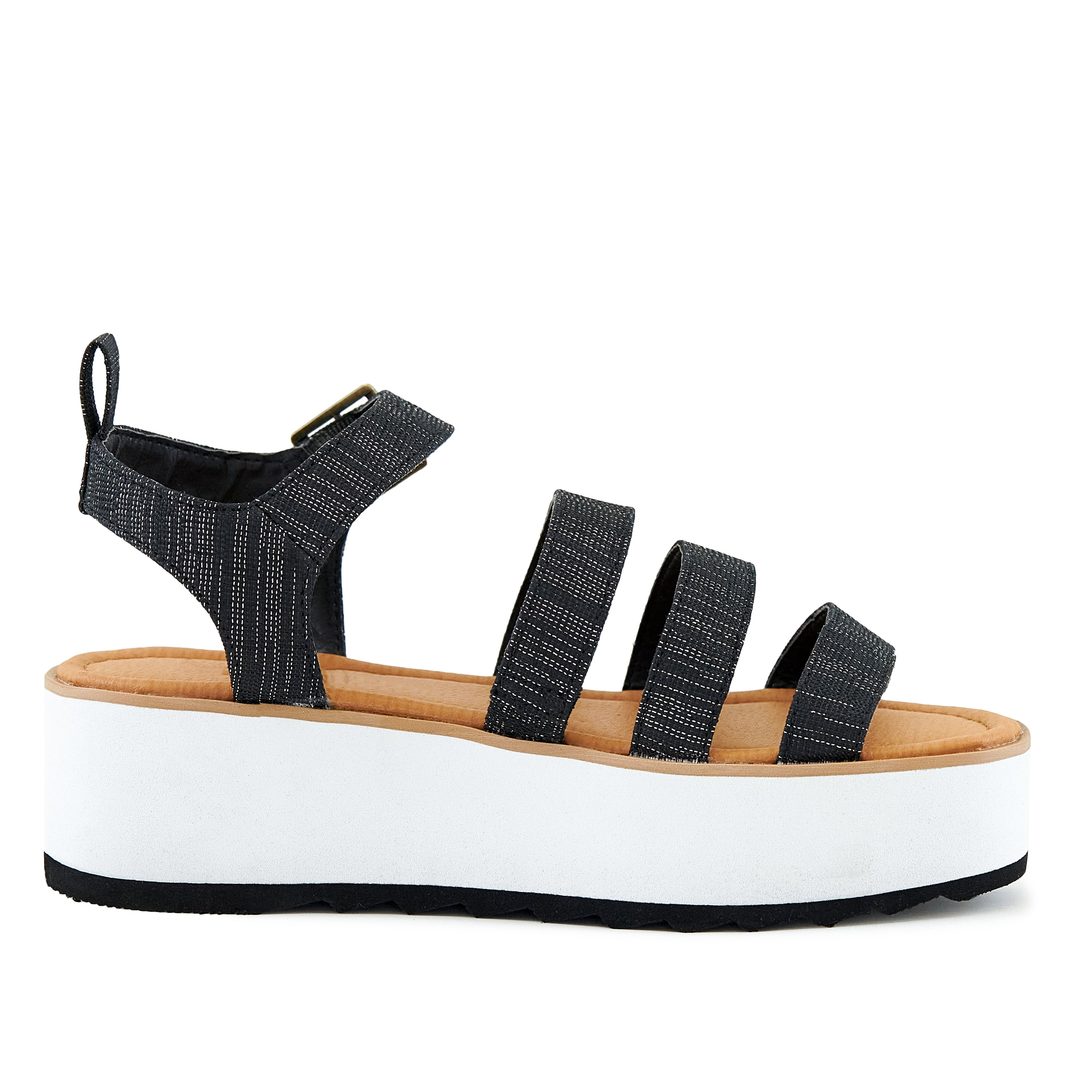 Women's Platform Sandal Kauai Sparkle-Black featuring three stylish straps and adjustable ankle closure.