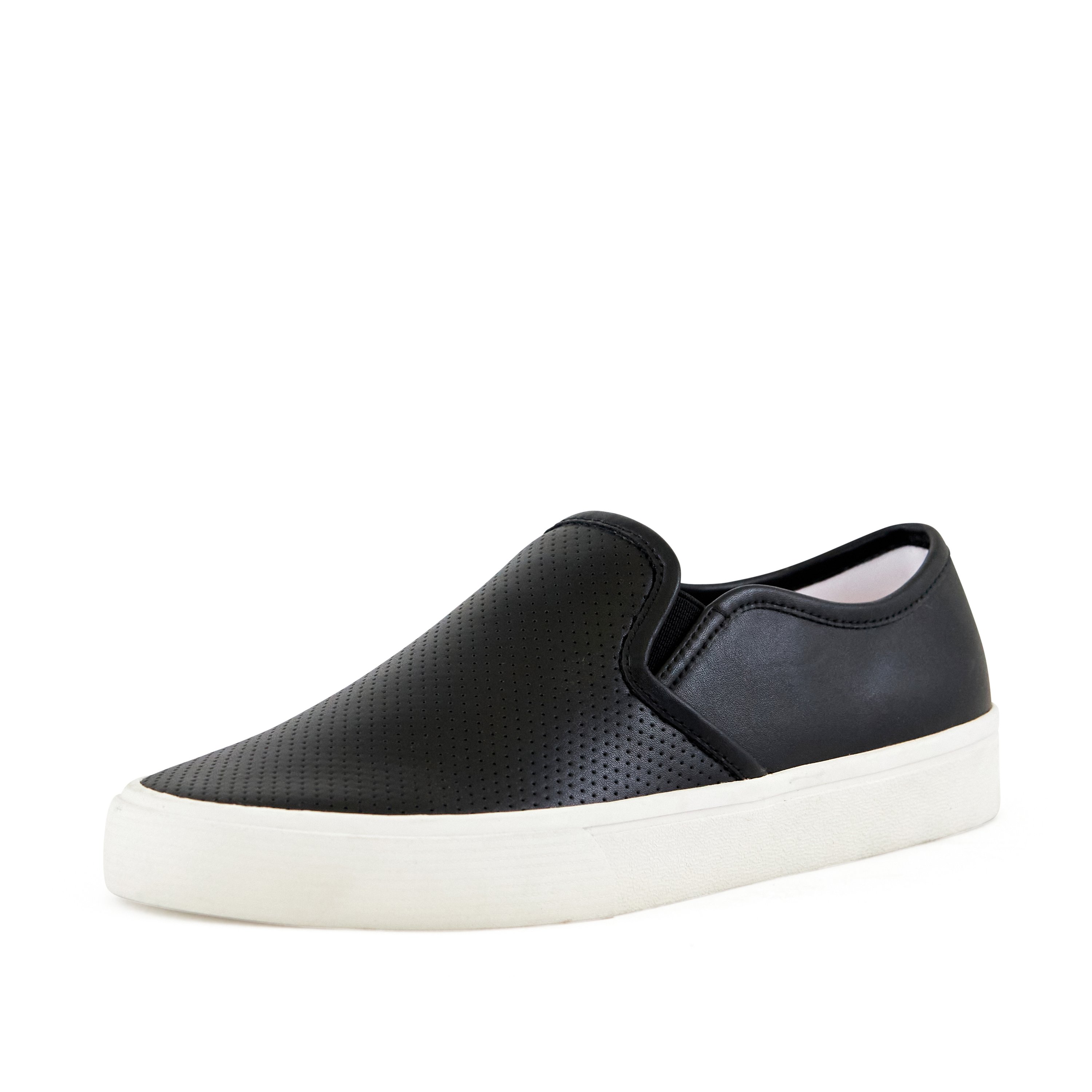 Women's Portland Perf Twin Gore Sneaker in Black, featuring a slip-on design, round toe, and decorative perforated upper for breathability.