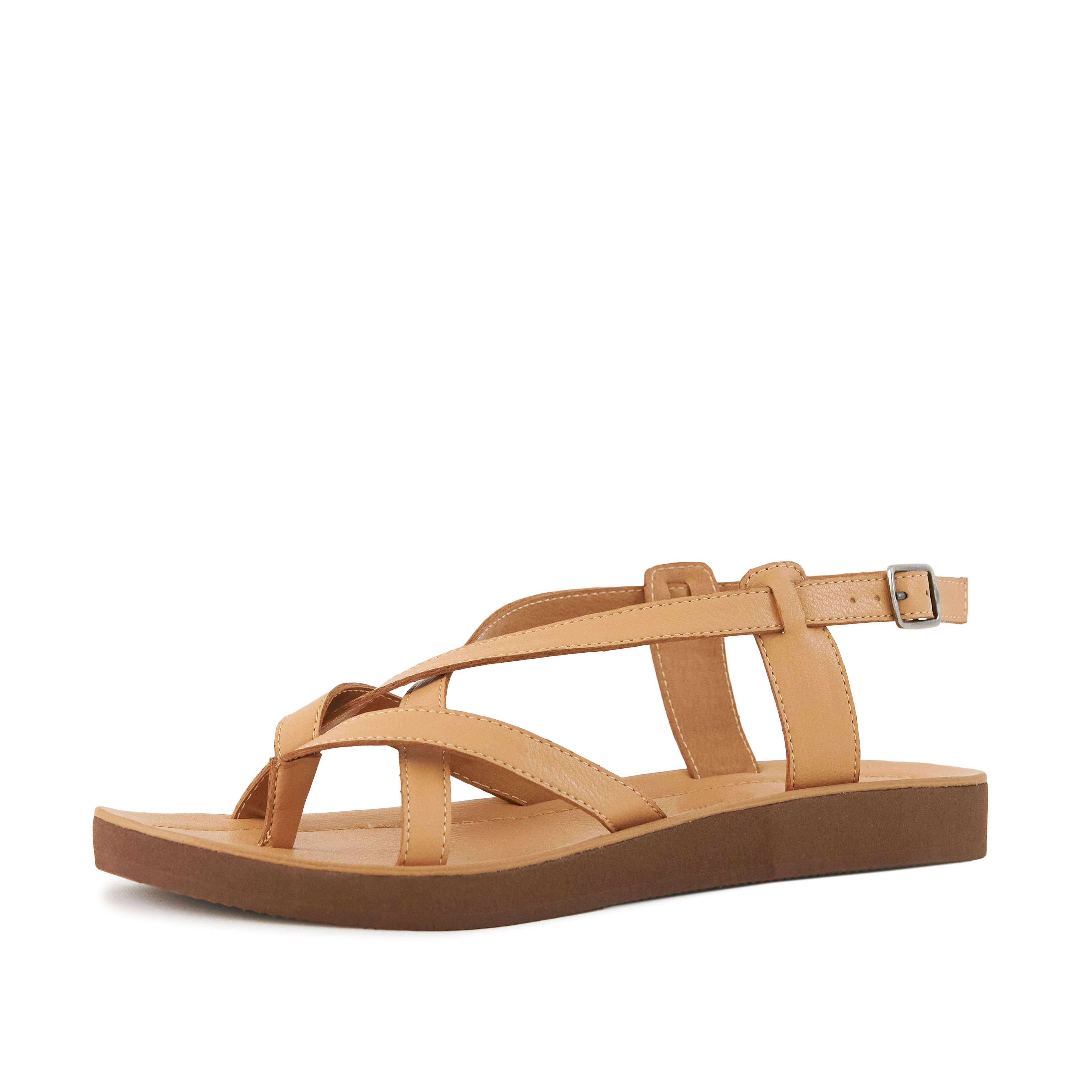 Women's Sandal Bernardo in Taupe featuring criss-cross straps and adjustable metal closure.