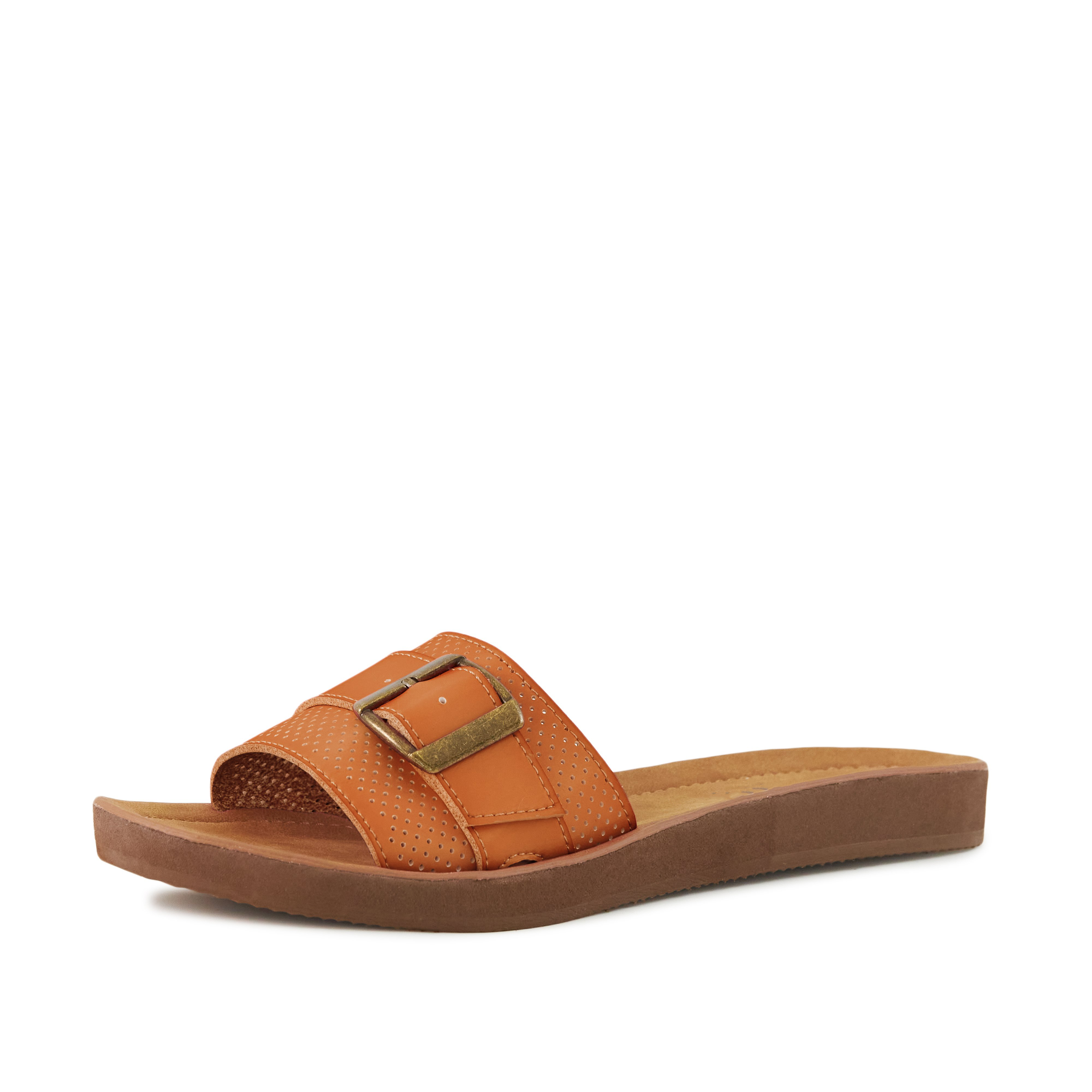 Stylish Women's Sandals Buckle Down Tan featuring a fashionable buckle design and comfortable slide style.