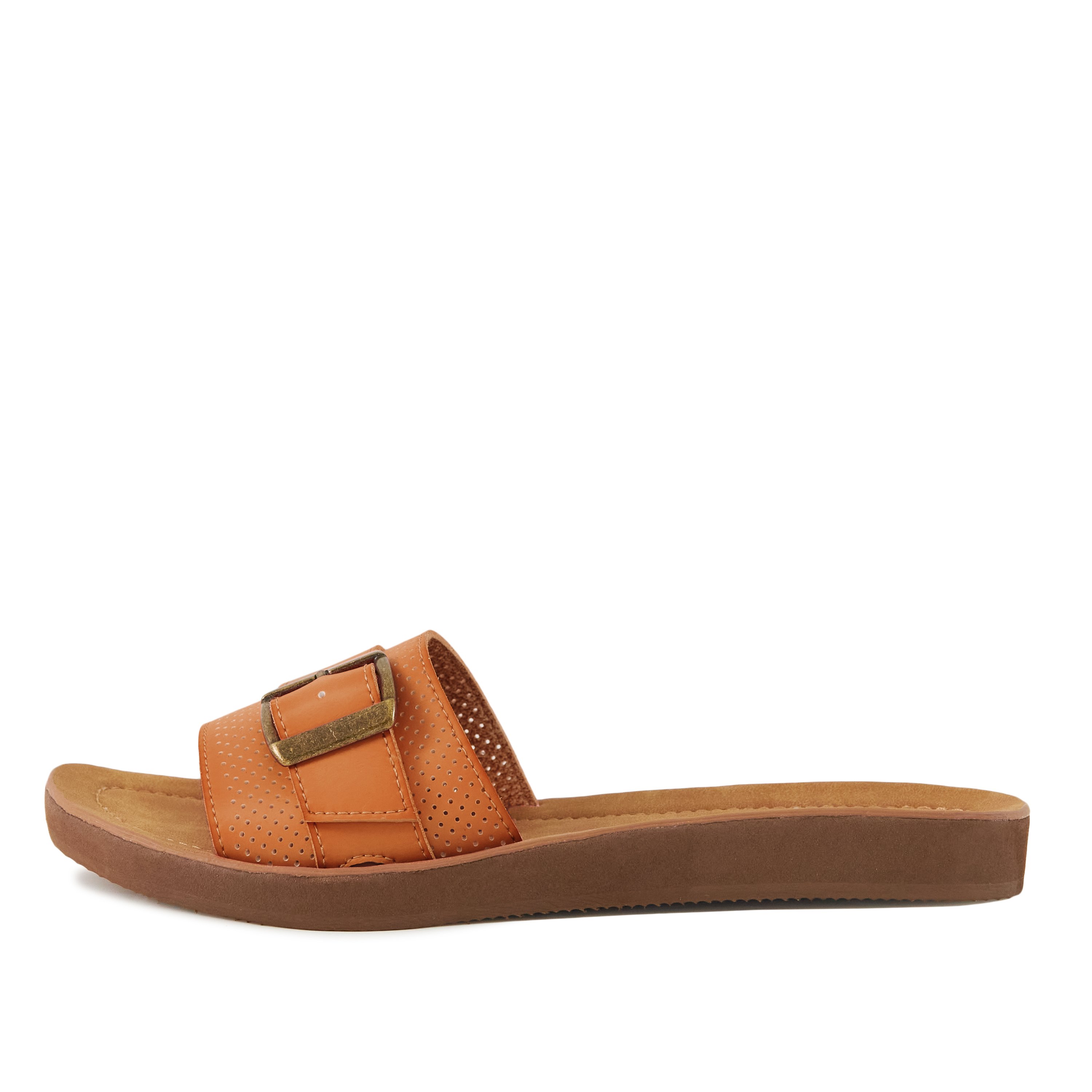 Stylish Women's Sandals Buckle Down Tan featuring a fashionable buckle design and comfortable slide style.