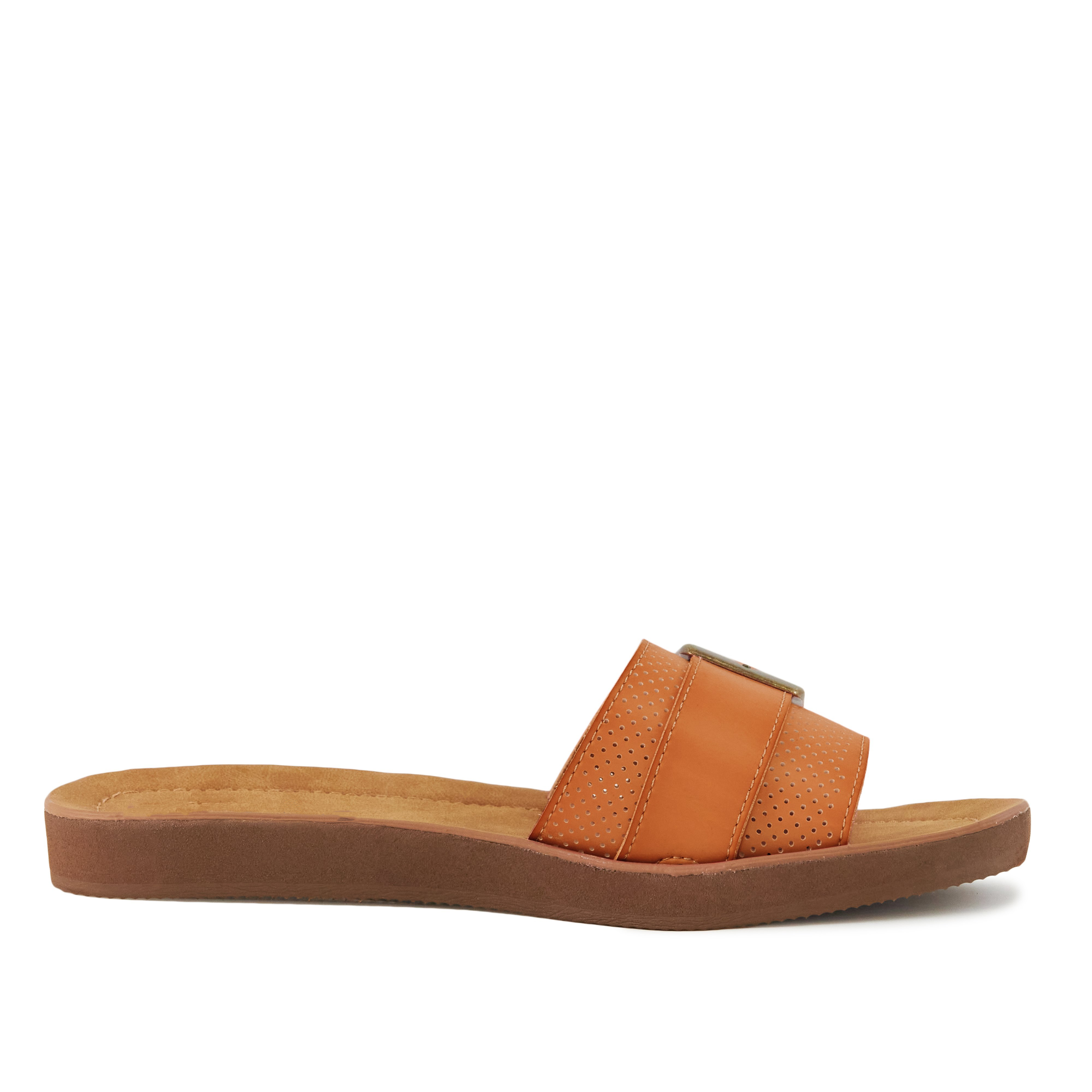 Stylish Women's Sandals Buckle Down Tan featuring a fashionable buckle design and comfortable slide style.