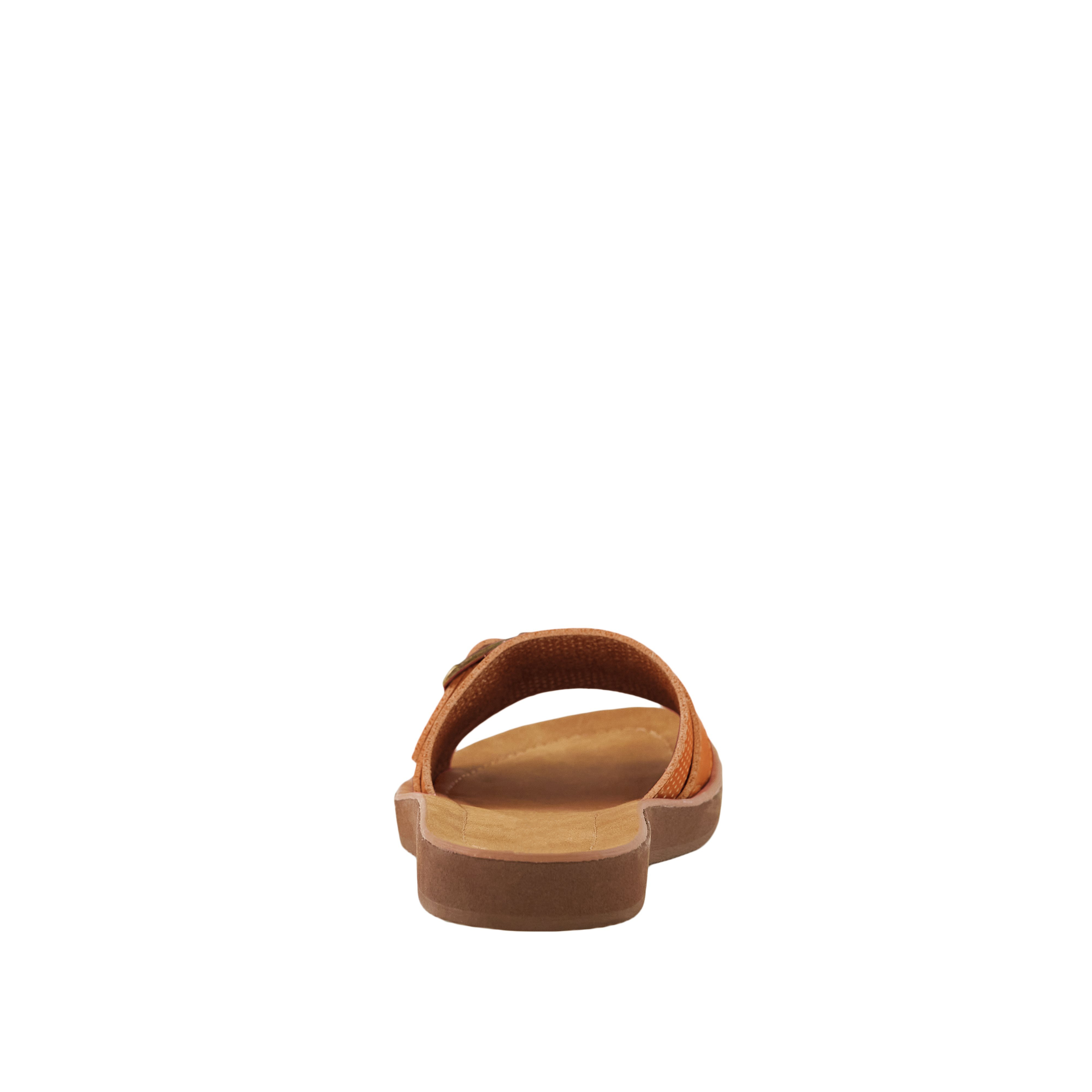 Stylish Women's Sandals Buckle Down Tan featuring a fashionable buckle design and comfortable slide style.