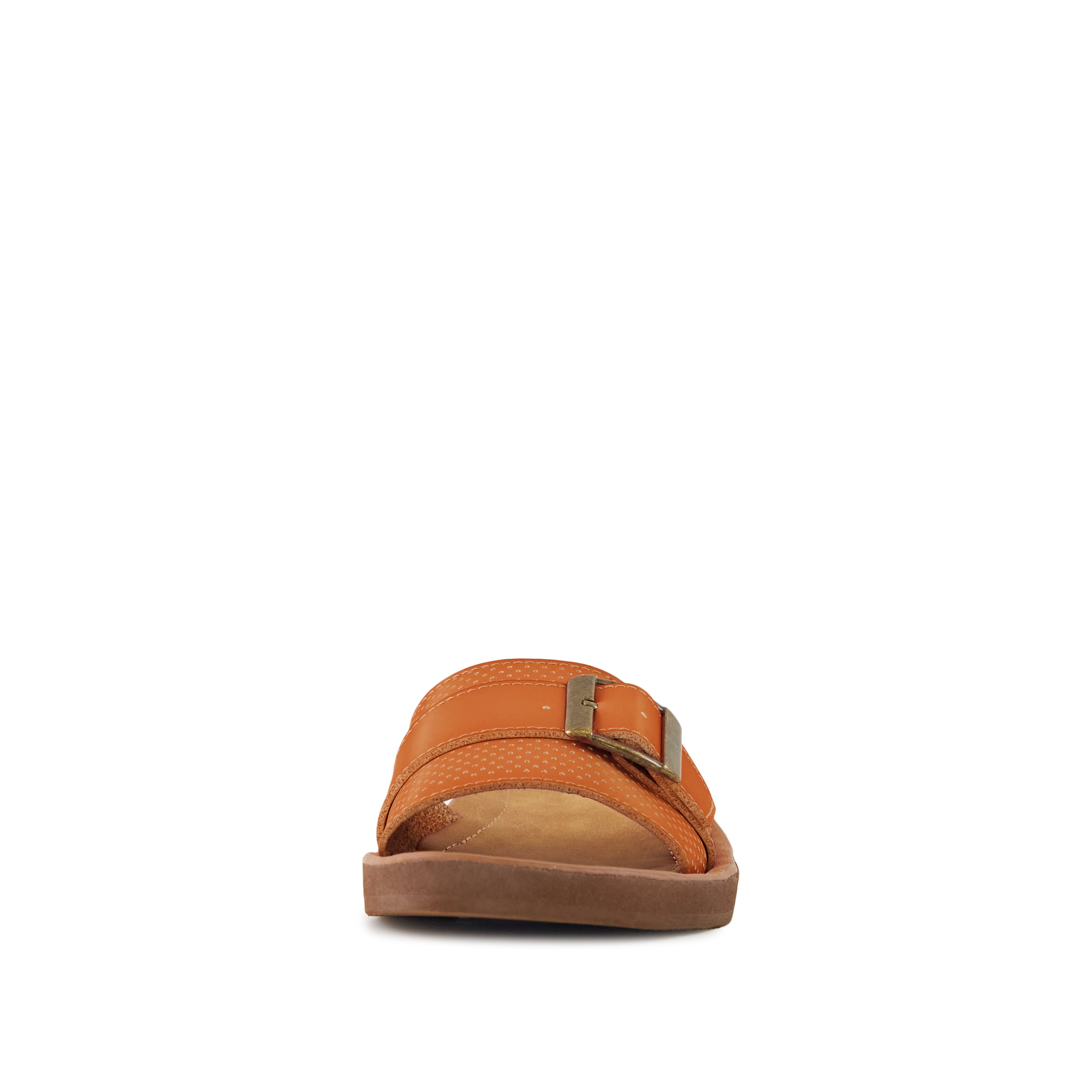 Stylish Women's Sandals Buckle Down Tan featuring a fashionable buckle design and comfortable slide style.