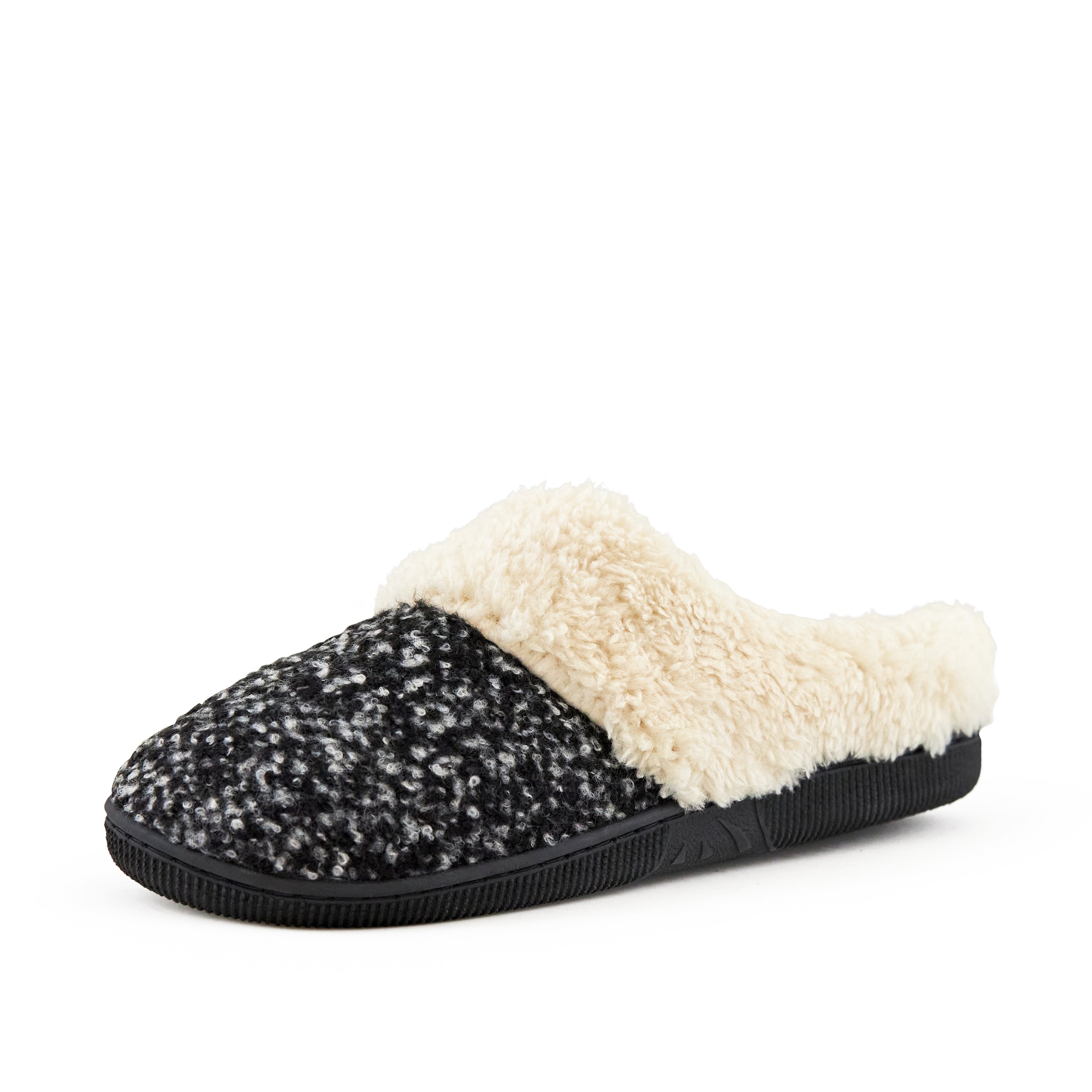 Cozy grey crumble women's slippers with faux fur trim and grip sole, perfect for lounging at home.