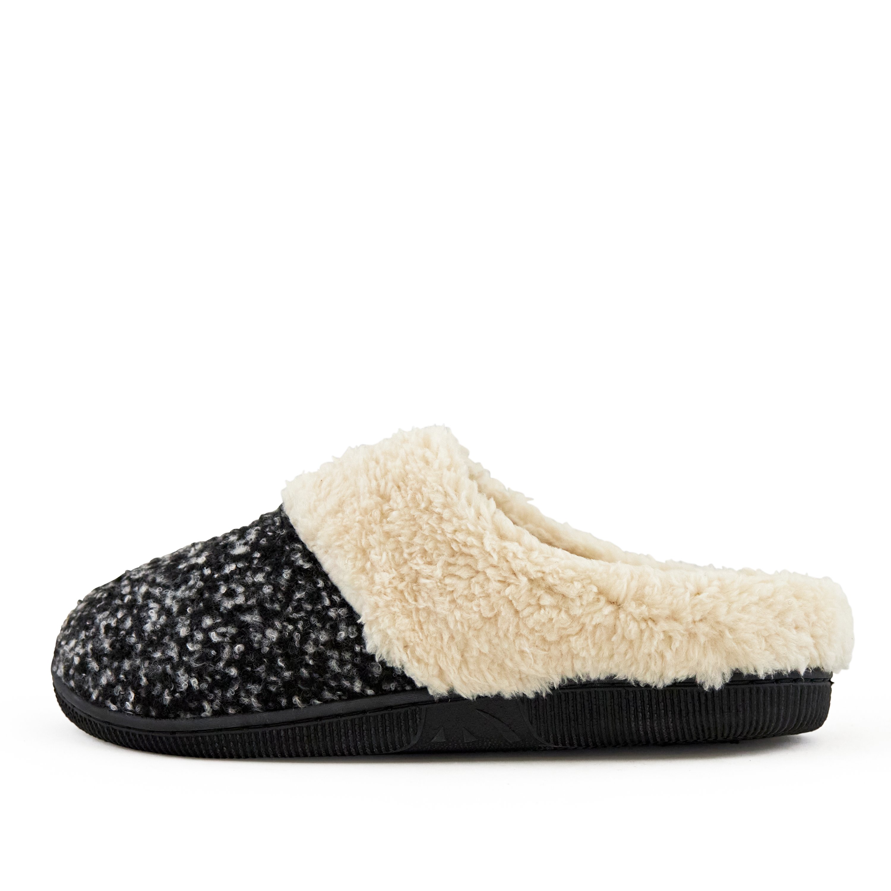 Cozy grey crumble women's slippers with faux fur trim and grip sole, perfect for lounging at home.